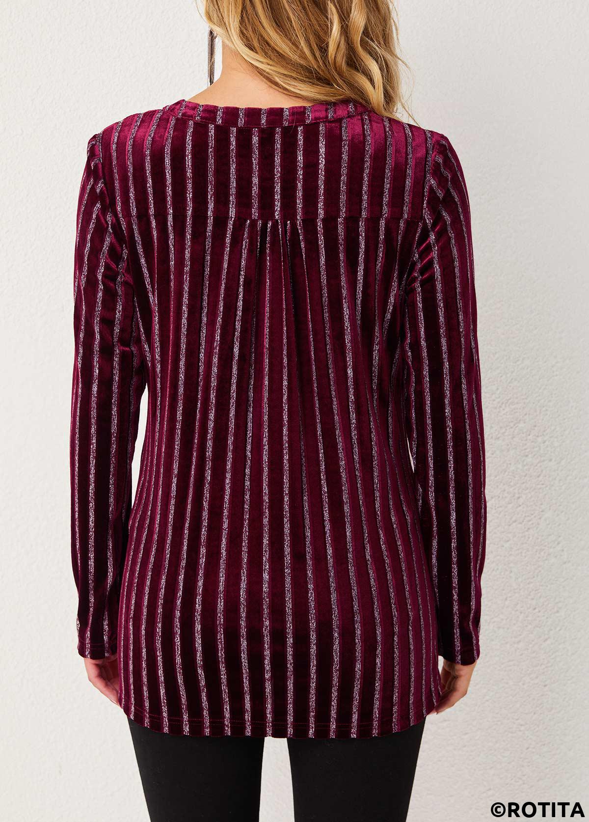 Red tops,Striped tops,ROTITA Stripe Print Round Neck Long Sleeve Blouse