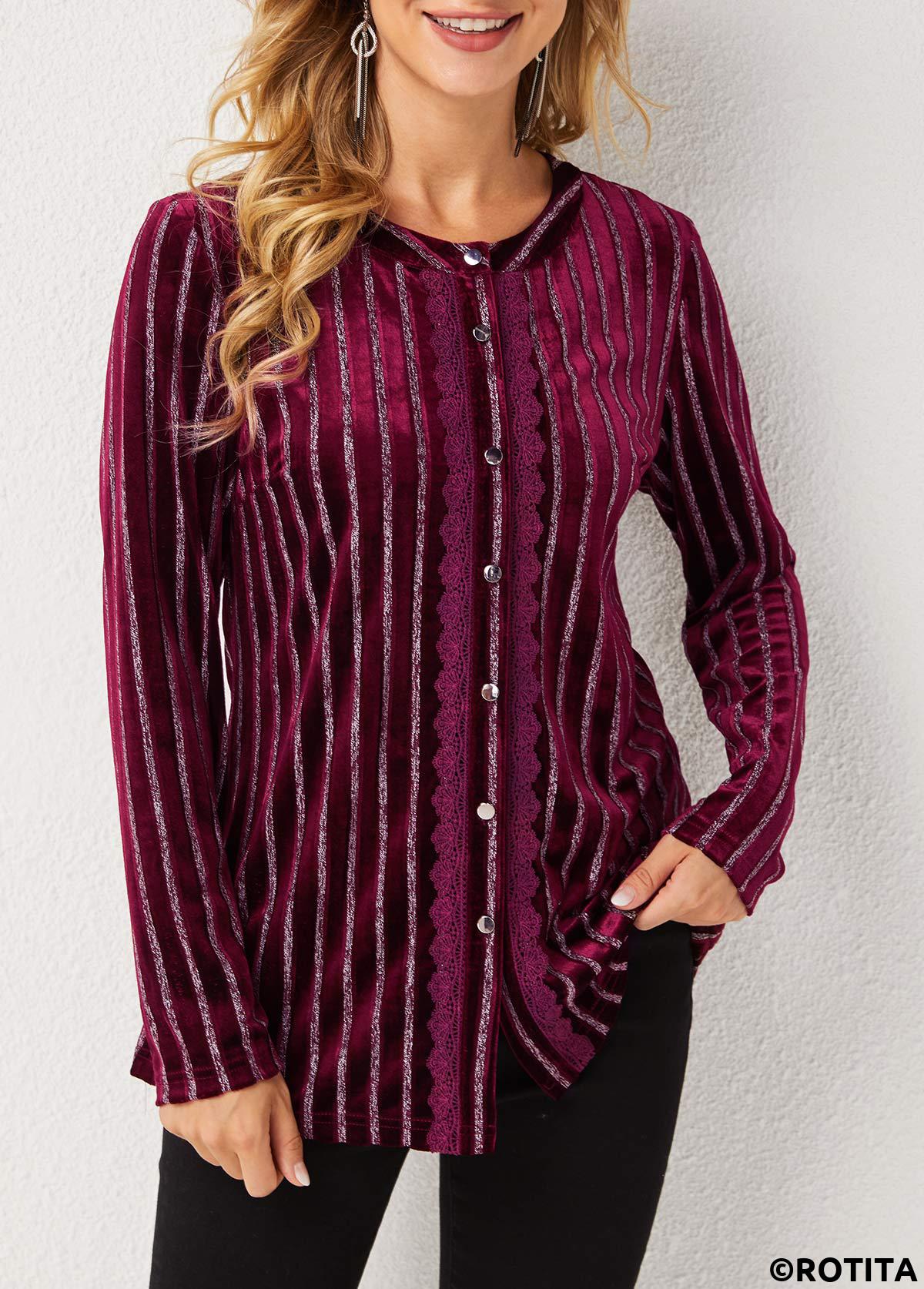 Red tops,Striped tops,ROTITA Stripe Print Round Neck Long Sleeve Blouse