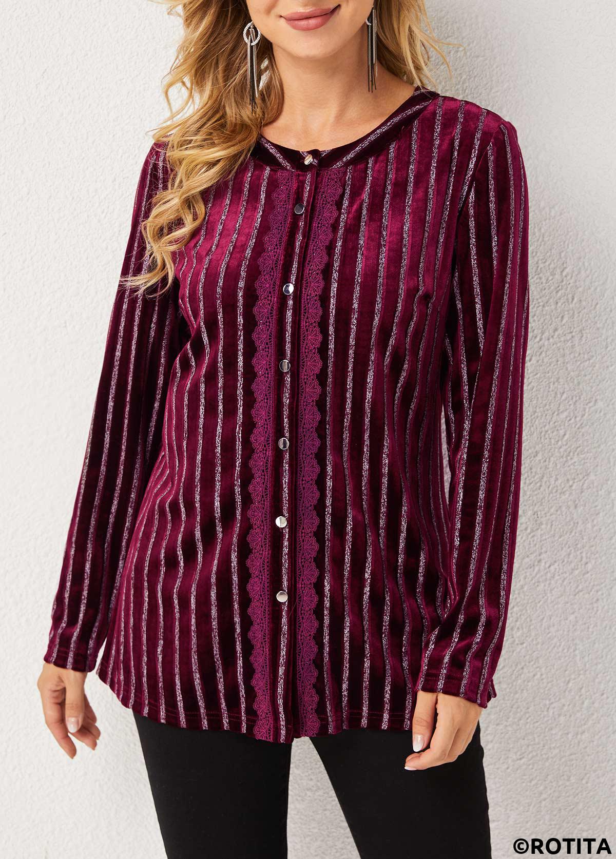 Red tops,Striped tops,ROTITA Stripe Print Round Neck Long Sleeve Blouse