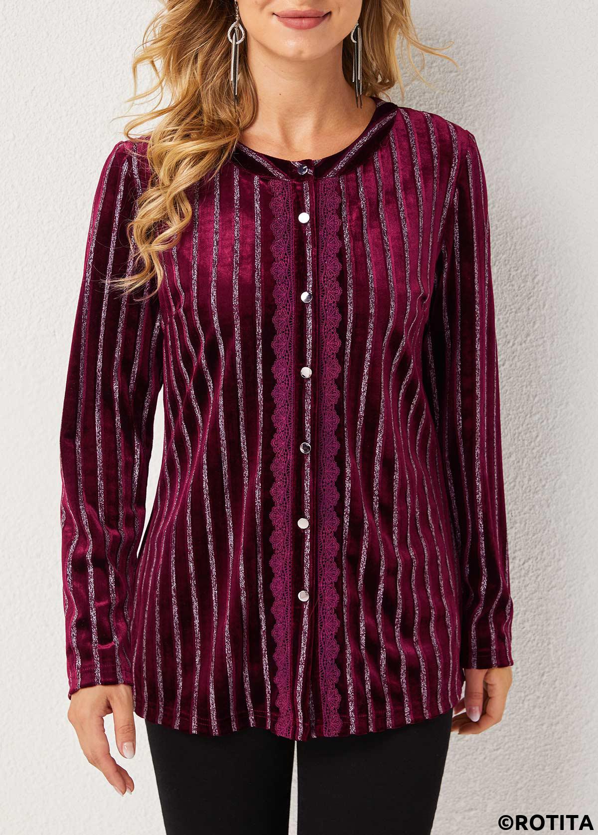 Red tops,Striped tops,ROTITA Stripe Print Round Neck Long Sleeve Blouse