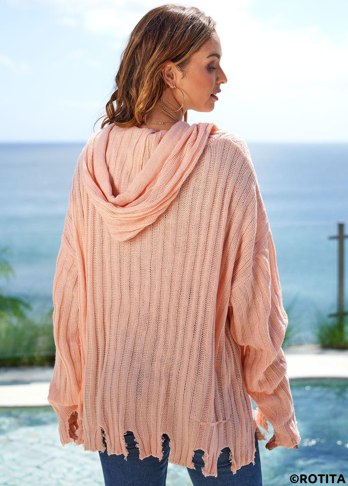 Pink tops,Plain Color tops,Hooded Collar Asymmetric Hem Long Sleeve Sweater