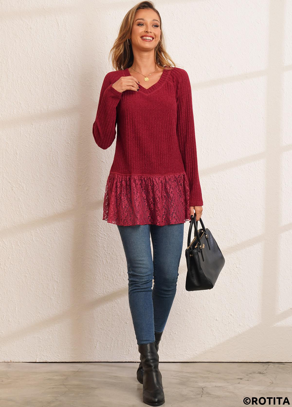 Rotita-Langarm-T-Shirt im Patchwork-Stil mit V-Ausschnitt und einfarbiger Spitze