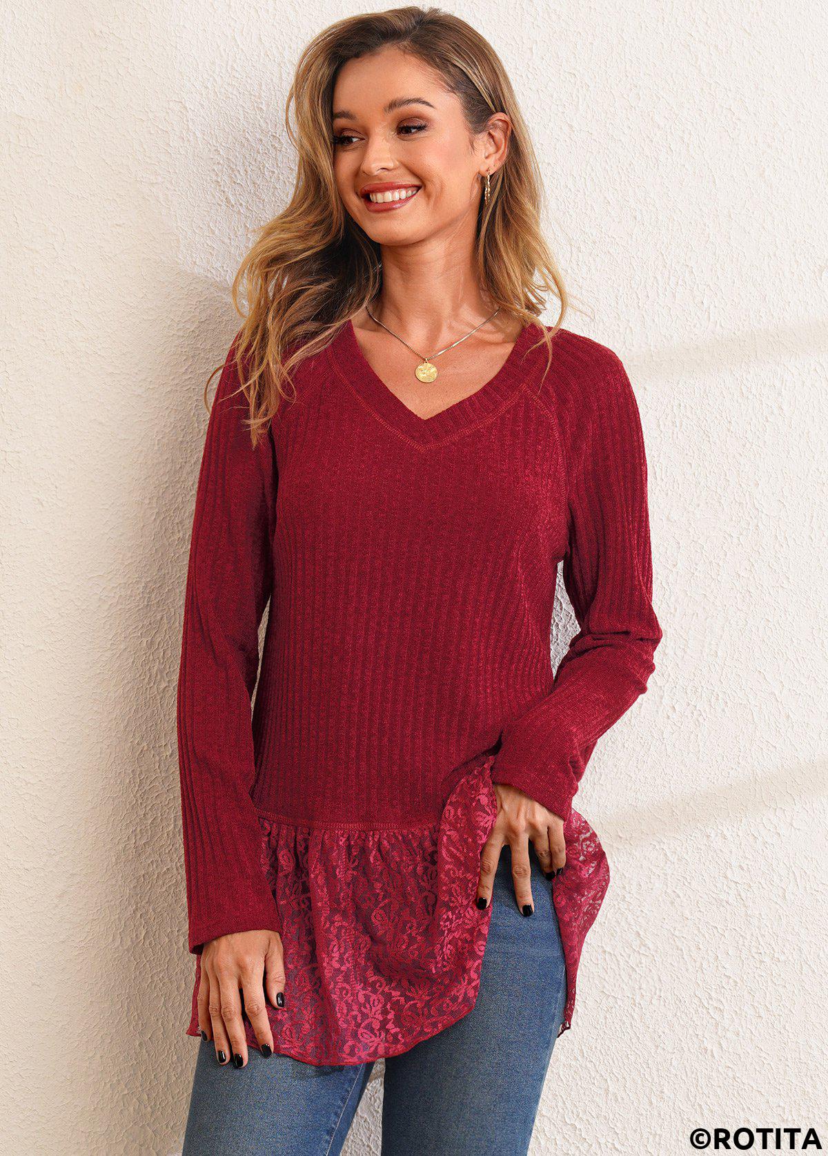 Rotita-Langarm-T-Shirt im Patchwork-Stil mit V-Ausschnitt und einfarbiger Spitze