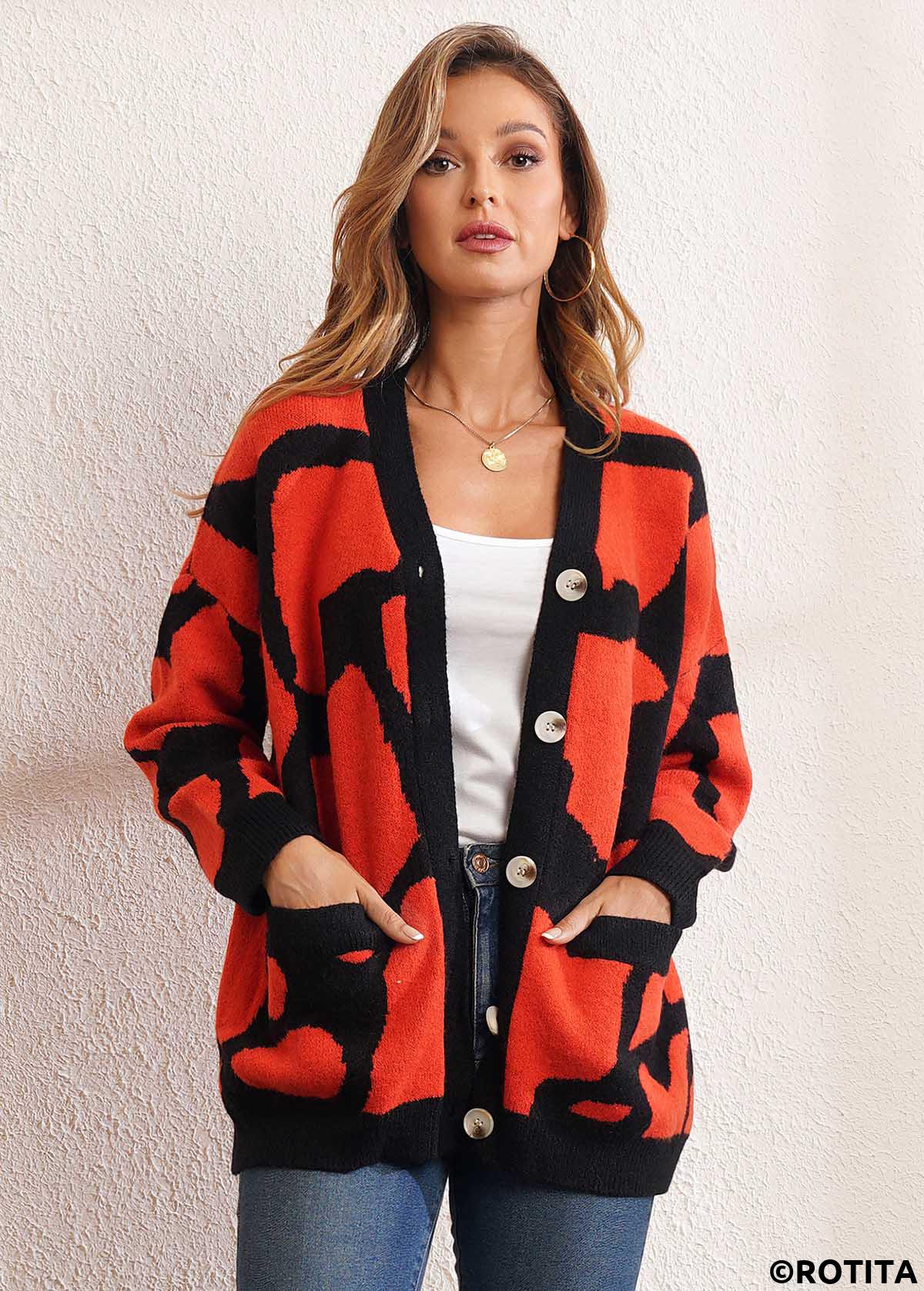 Multi Color tops,Contrast Color tops,Pocket Design Button Up Long Sleeve Cardigan