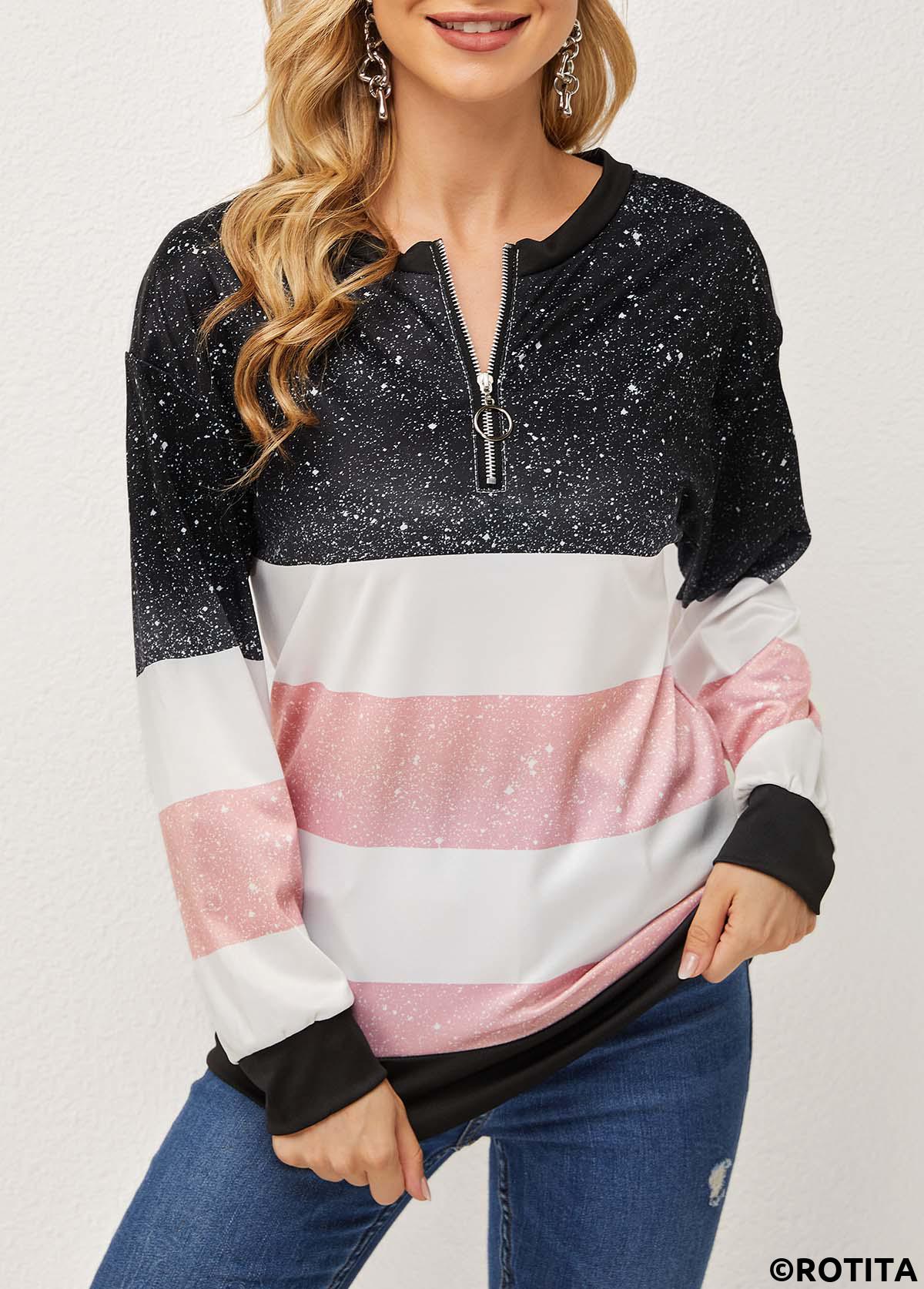 Black tops,Contrast Color tops,Long Sleeve Contrast Quarter Zip T Shirt