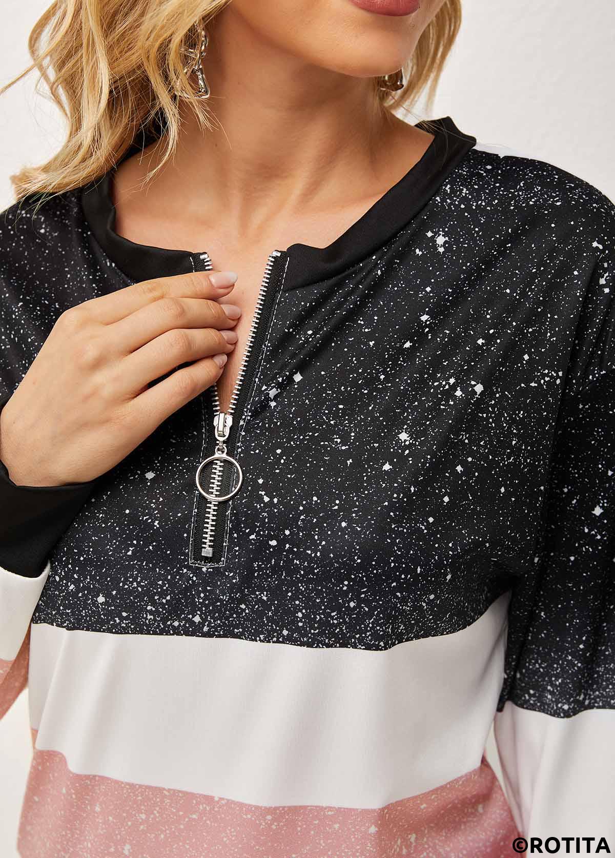 Black tops,Contrast Color tops,Long Sleeve Contrast Quarter Zip T Shirt