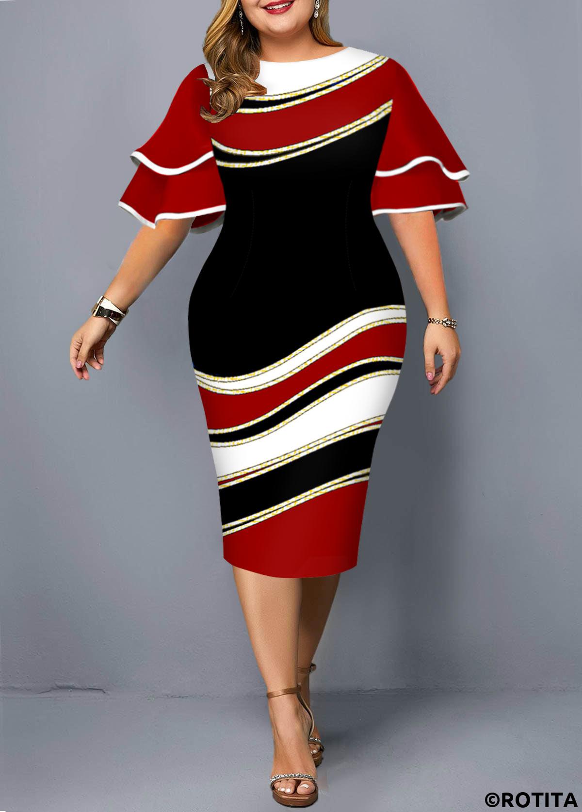 ROTITA Layered Bell Sleeve Plus Size Geometric Print Dress