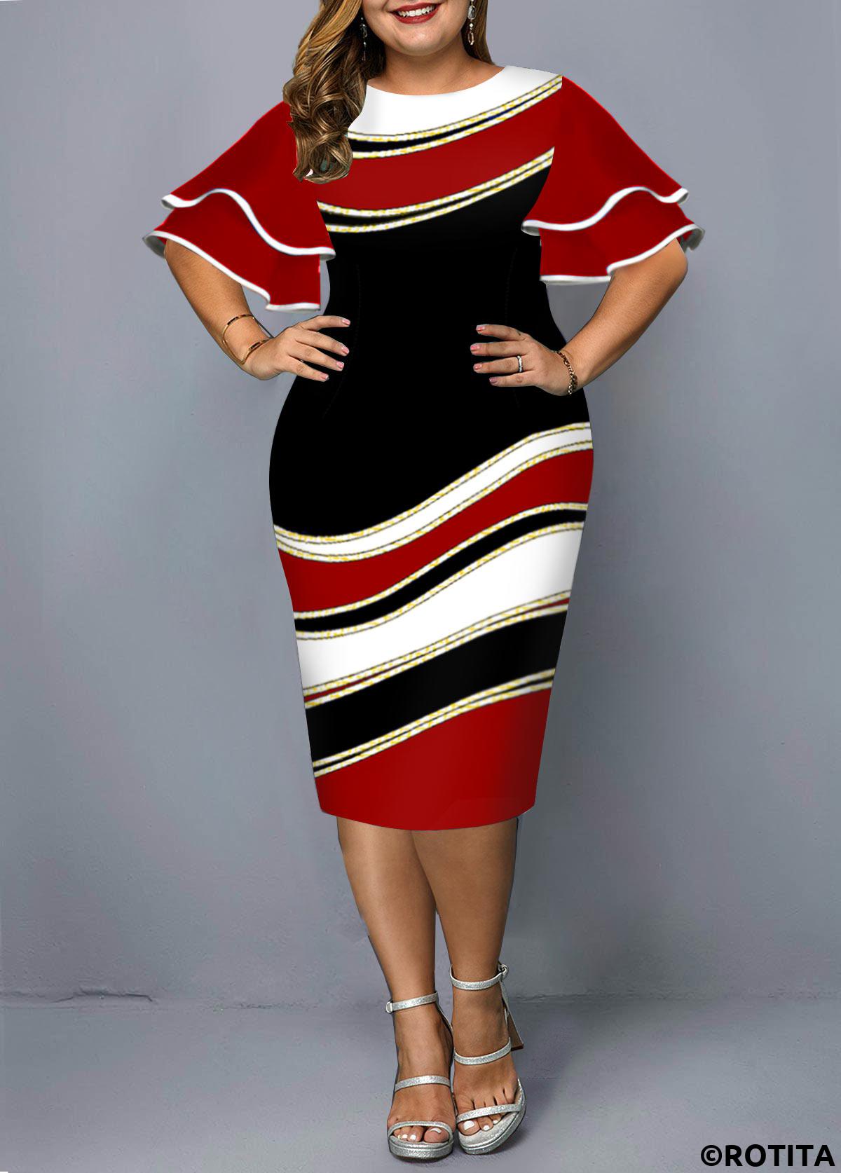 ROTITA Layered Bell Sleeve Plus Size Geometric Print Dress