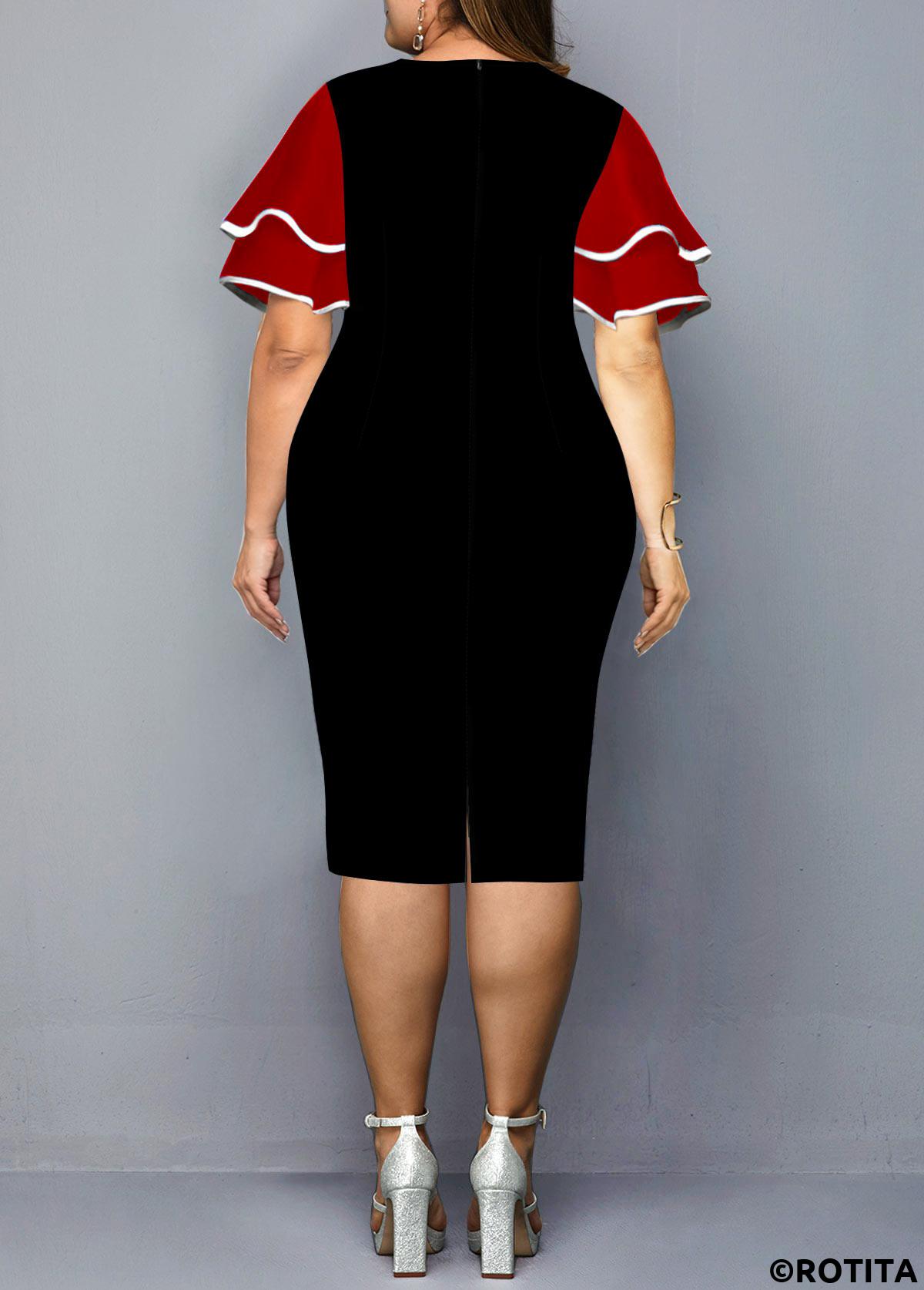 ROTITA Layered Bell Sleeve Plus Size Geometric Print Dress