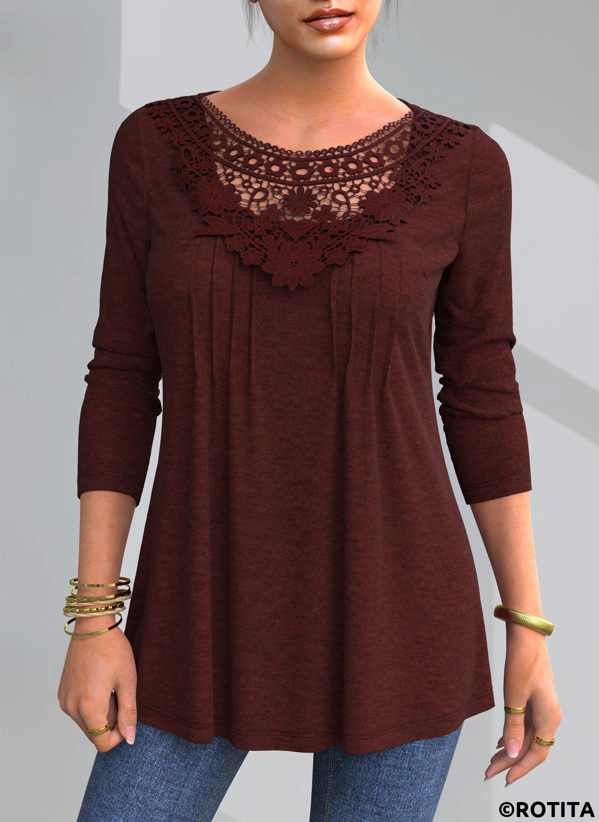 Wine Red tops,Plain Color tops,ROTITA Lace Patchwork Crinkle Chest Round Neck Blouse