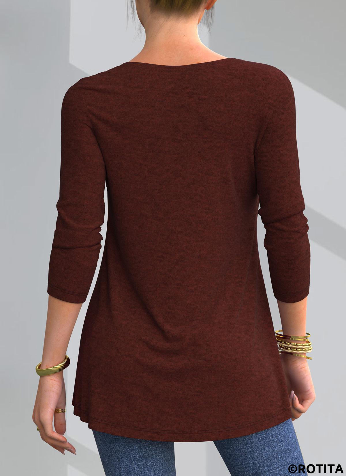 Wine Red tops,Plain Color tops,ROTITA Lace Patchwork Crinkle Chest Round Neck Blouse