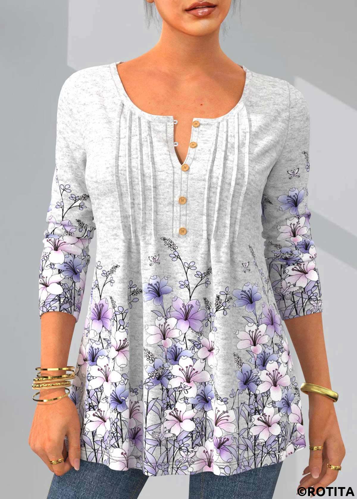 Grey tops,Floral tops,ROTITA Floral Print Crinkle Chest Long Sleeve T Shirt