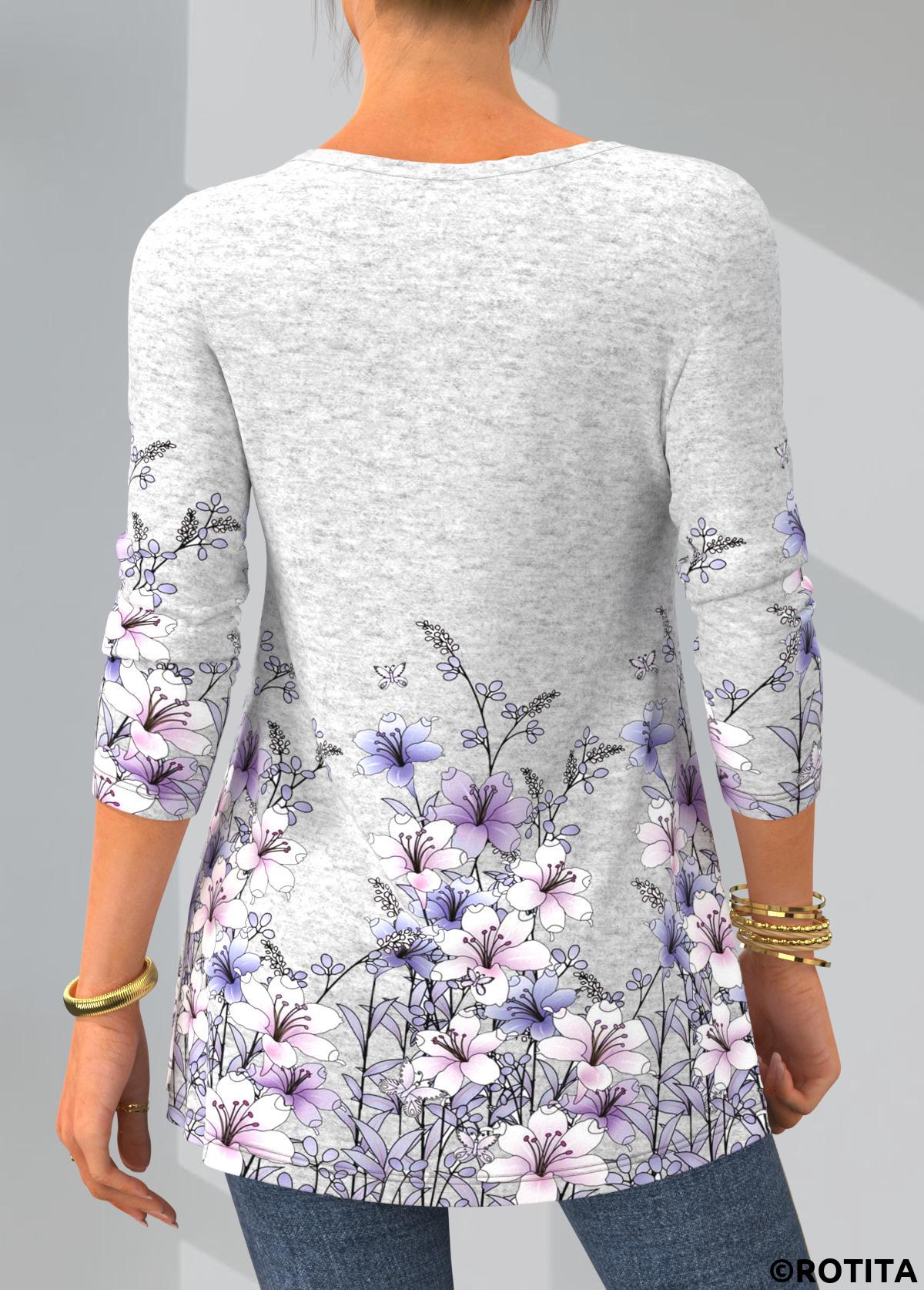 Grey tops,Floral tops,ROTITA Floral Print Crinkle Chest Long Sleeve T Shirt