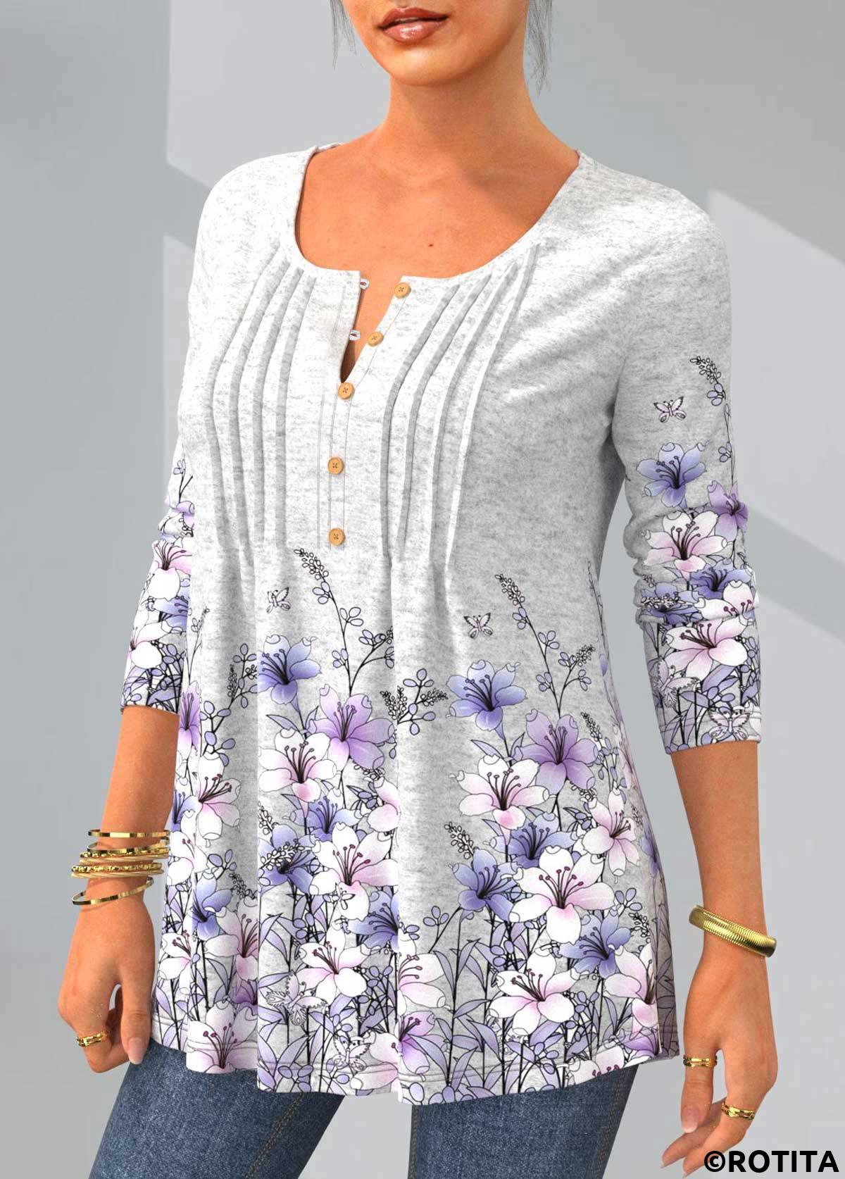 Grey tops,Floral tops,ROTITA Floral Print Crinkle Chest Long Sleeve T Shirt