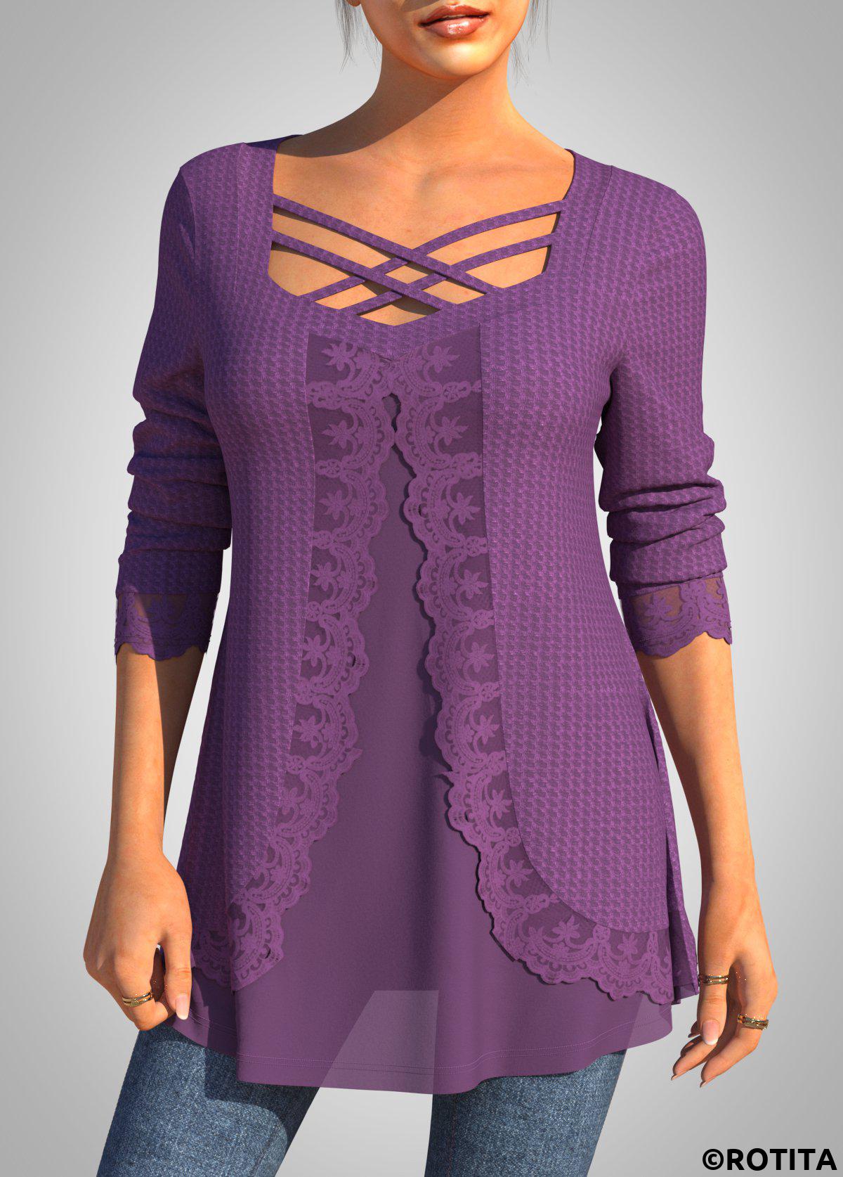 Purple tops,Plain Color tops,ROTITA Plus Size Purple Square Neck Fake Two Piece Twinset