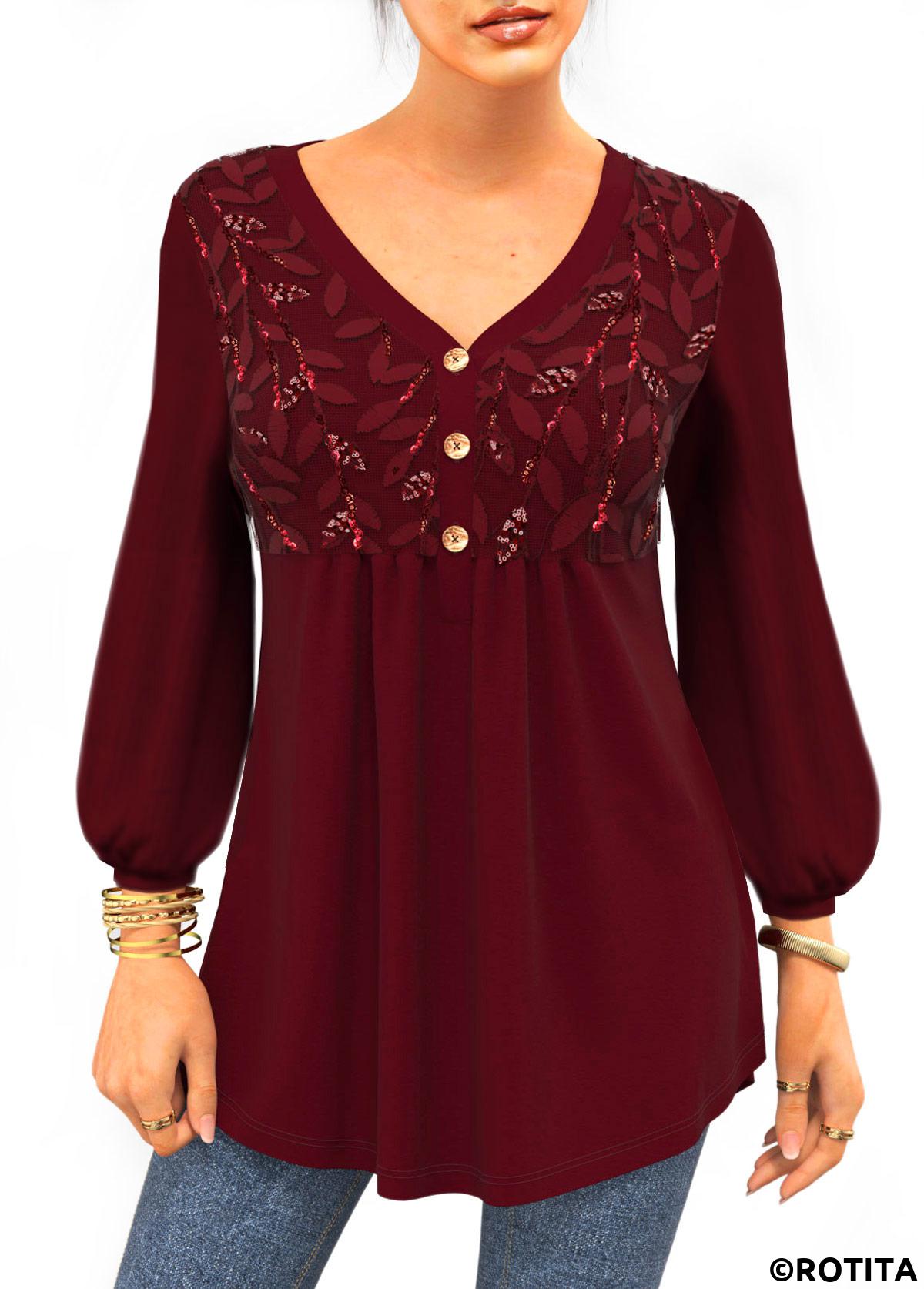 Wine Red tops,Plain Color tops,ROTITA Lace Wine Red Split Neck 3/4 Sleeve Blouse