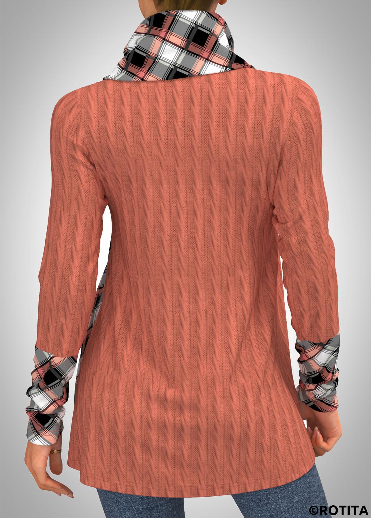 Pink tops,Plaid tops,ROTITA Plaid Twisted Pattern Cowl Neck Sweatshirt