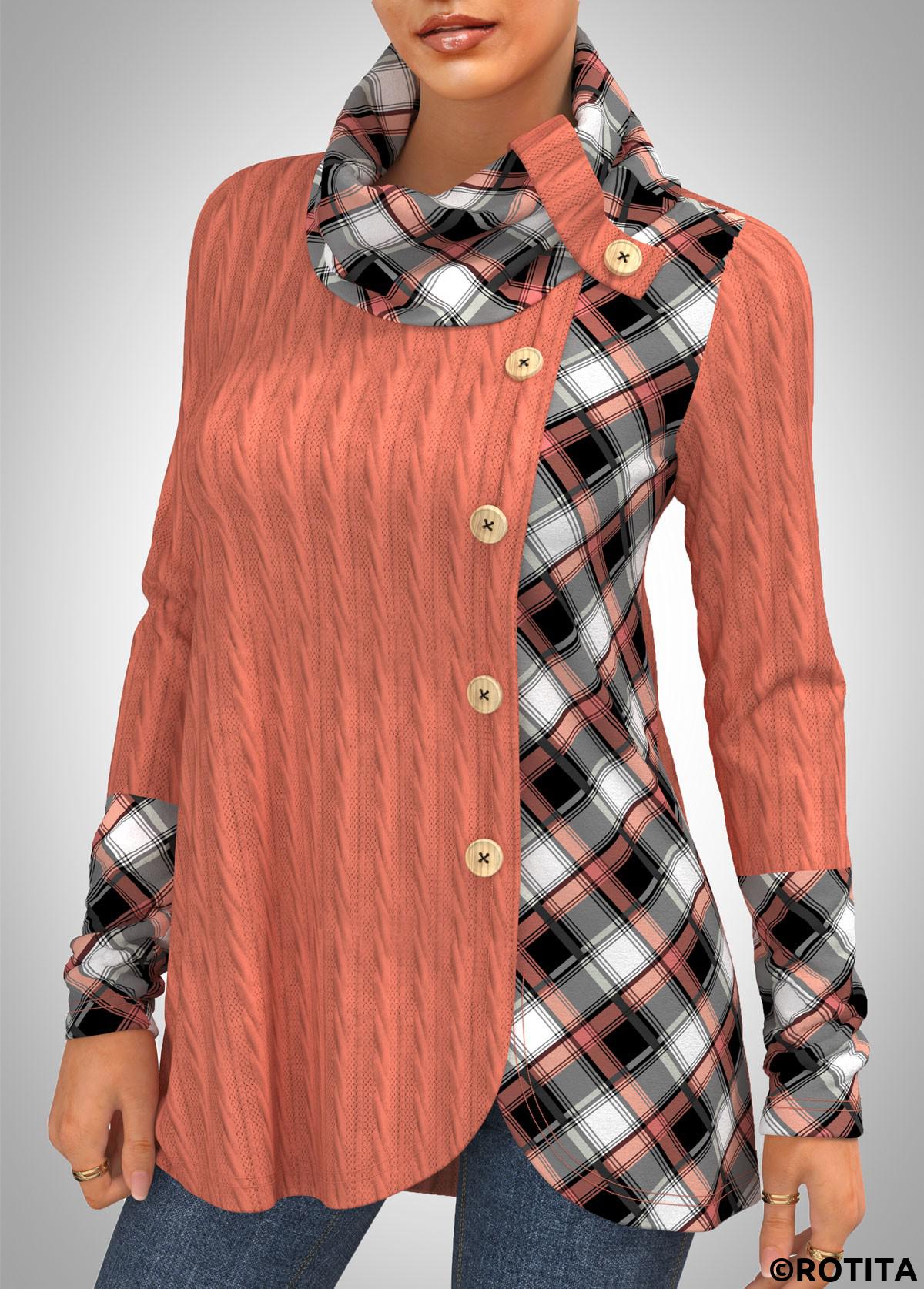 Pink tops,Plaid tops,ROTITA Plaid Twisted Pattern Cowl Neck Sweatshirt