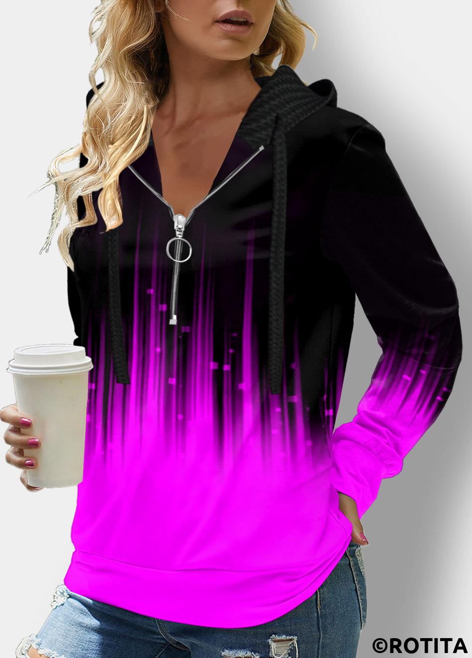 Purple tops,Ombre tops,ROTITA Long Sleeve Ombre Quarter Zip Hoodie
