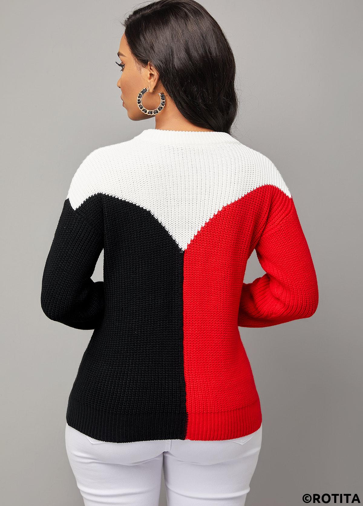 Multi Color tops,Contrast Color tops,ROTITA Round Neck Long Sleeve Contrast Sweater