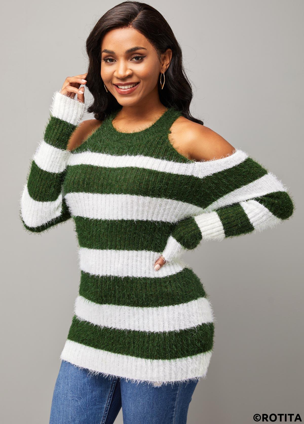 Multi Color tops,Striped tops,ROTITA Stripe Print Cold Shoulder Round Neck Long Sleeve Sweater
