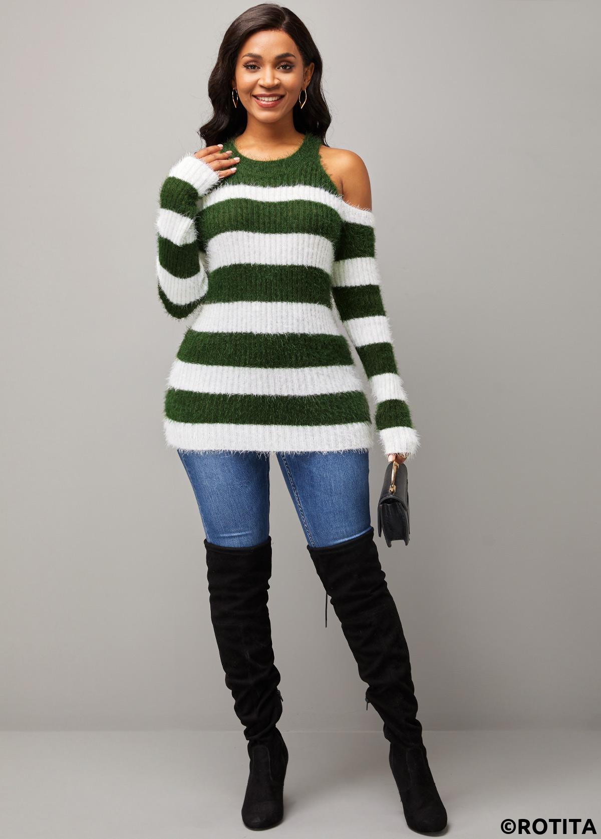 Multi Color tops,Striped tops,ROTITA Stripe Print Cold Shoulder Round Neck Long Sleeve Sweater
