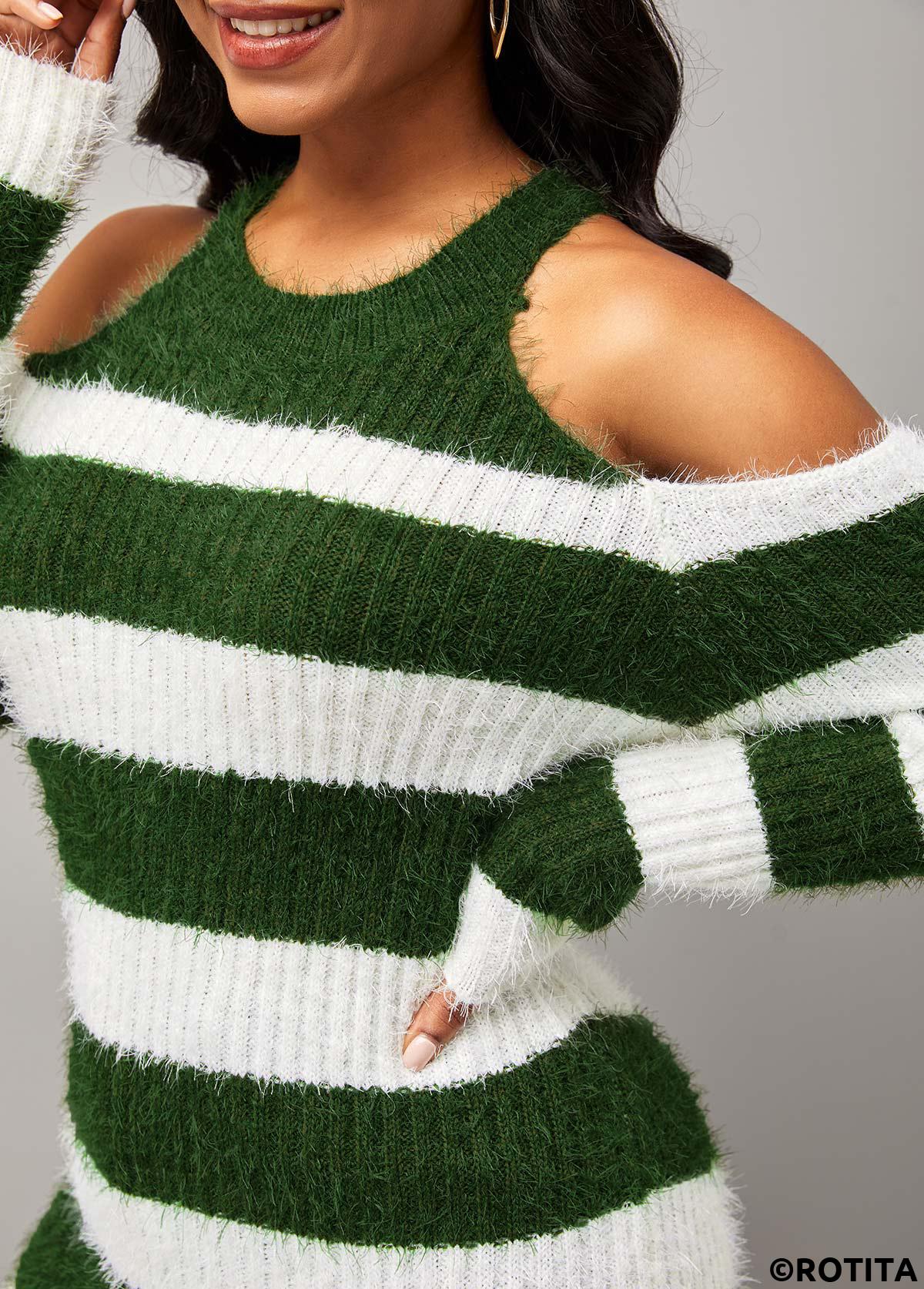 Multi Color tops,Striped tops,ROTITA Stripe Print Cold Shoulder Round Neck Long Sleeve Sweater