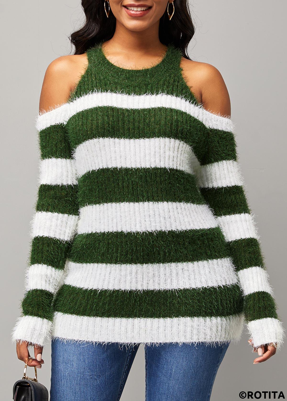 Multi Color tops,Striped tops,ROTITA Stripe Print Cold Shoulder Round Neck Long Sleeve Sweater