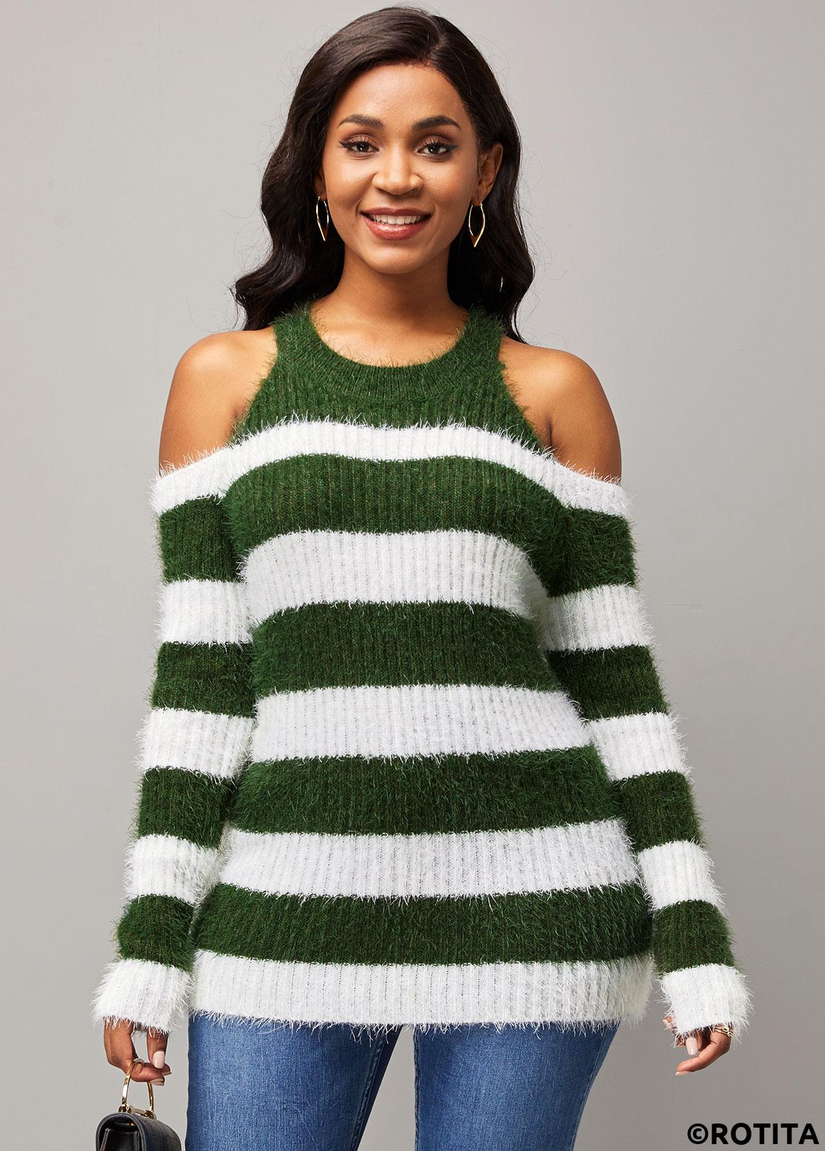 Multi Color tops,Striped tops,ROTITA Stripe Print Cold Shoulder Round Neck Long Sleeve Sweater