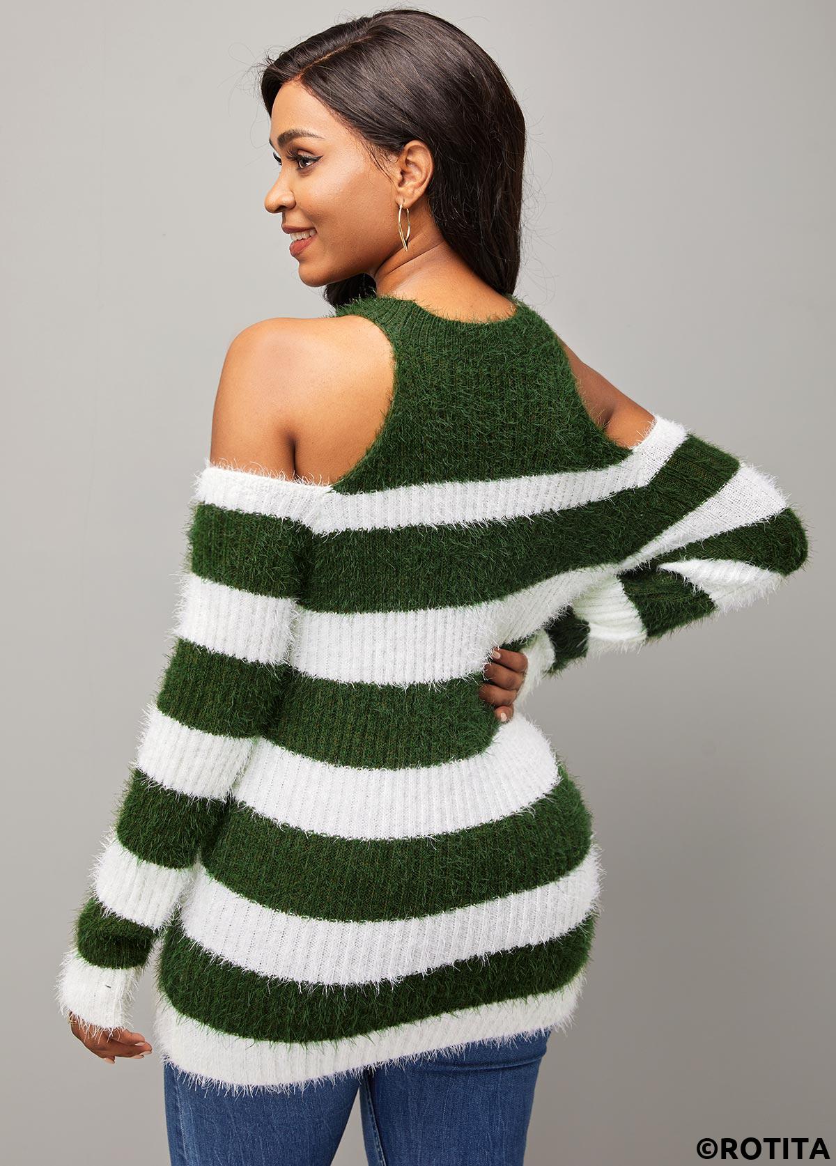 Multi Color tops,Striped tops,ROTITA Stripe Print Cold Shoulder Round Neck Long Sleeve Sweater