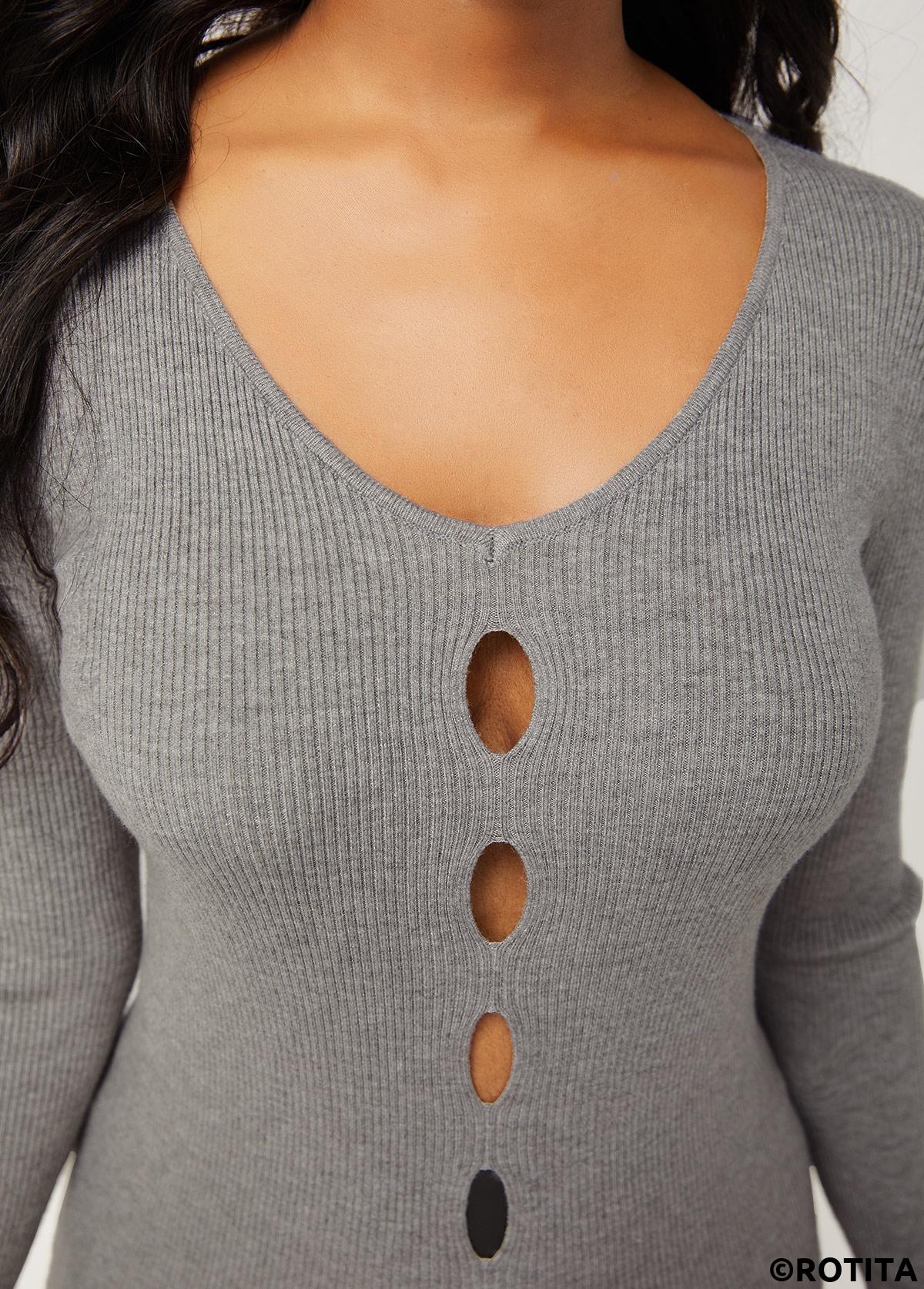 Grey tops,Plain Color tops,Cutout Design Front Slit Long Sleeve Sweater