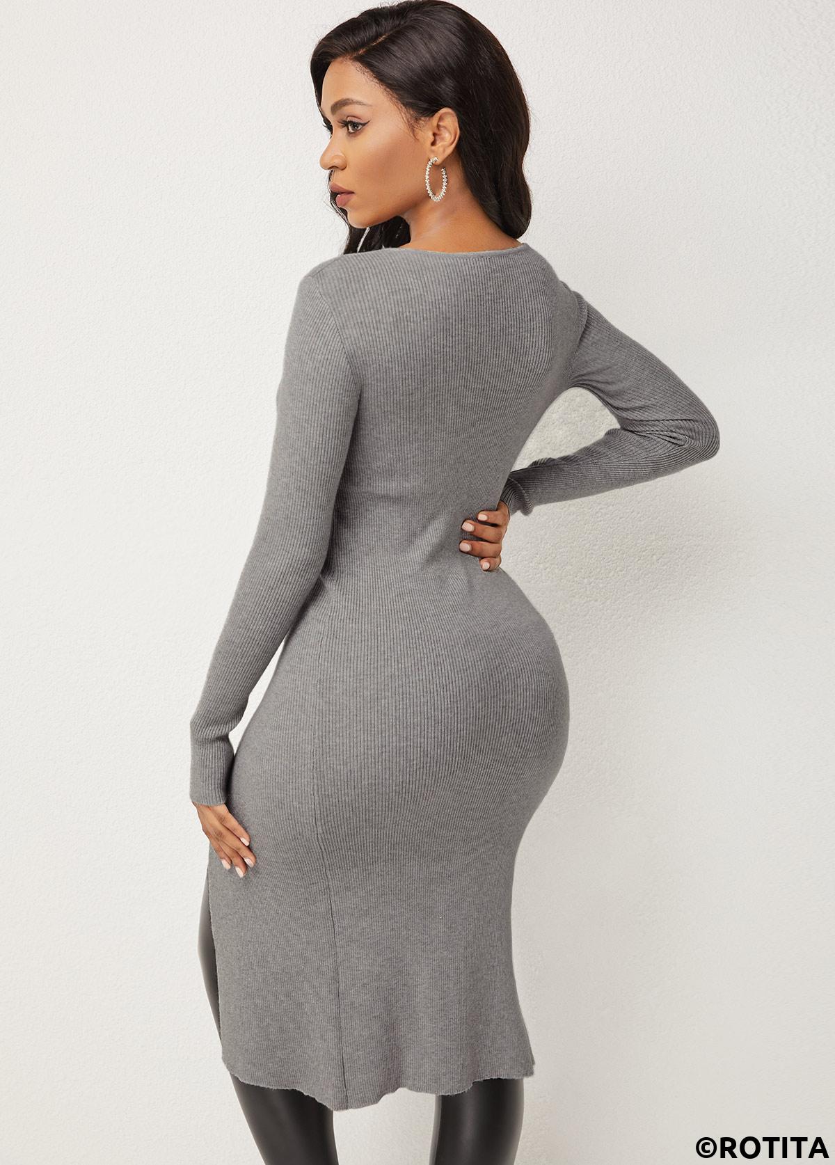 Grey tops,Plain Color tops,Cutout Design Front Slit Long Sleeve Sweater