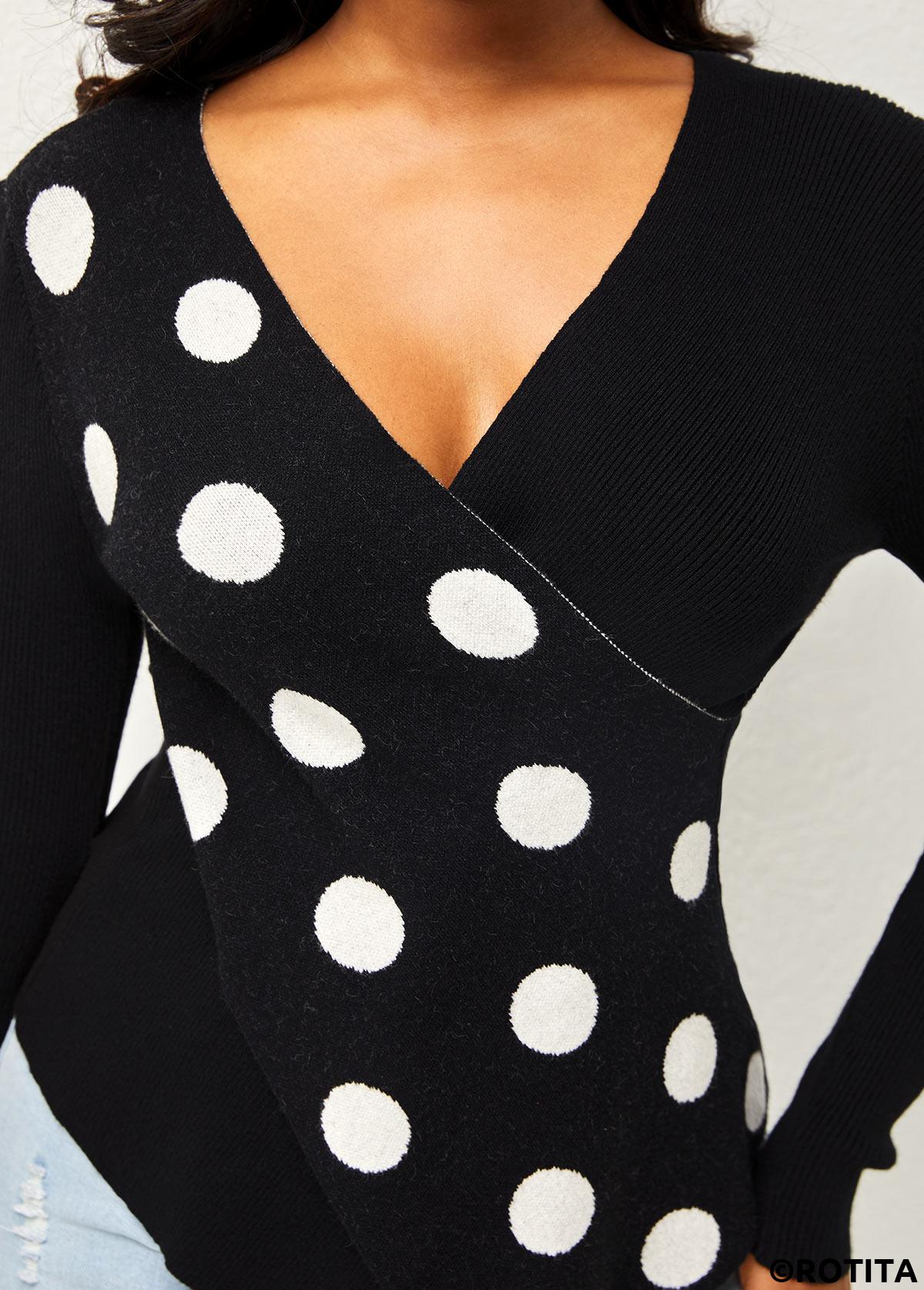 Multi Color tops,Dot tops,ROTITA Polka Dot Cross Front Long Sleeve Sweater