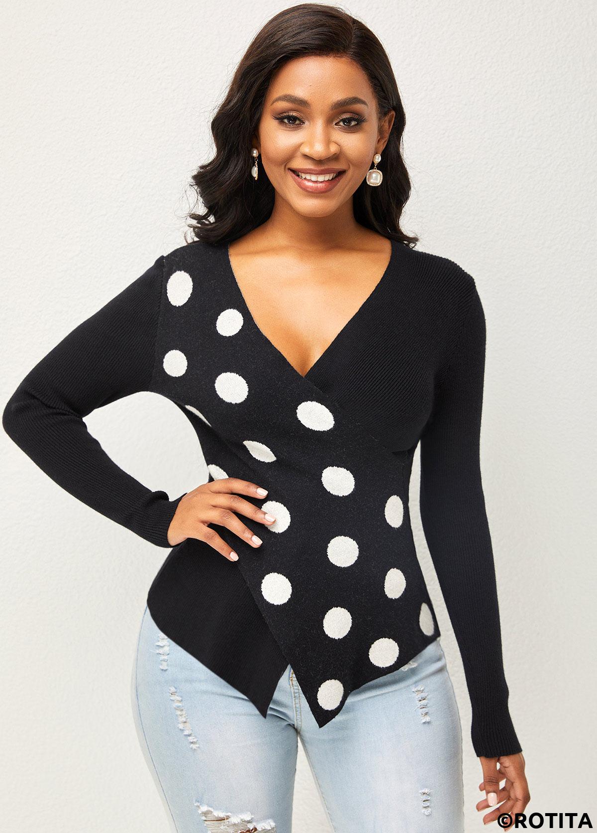Multi Color tops,Dot tops,ROTITA Polka Dot Cross Front Long Sleeve Sweater