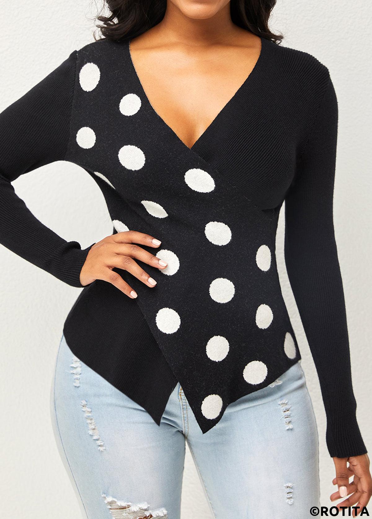 Multi Color tops,Dot tops,ROTITA Polka Dot Cross Front Long Sleeve Sweater