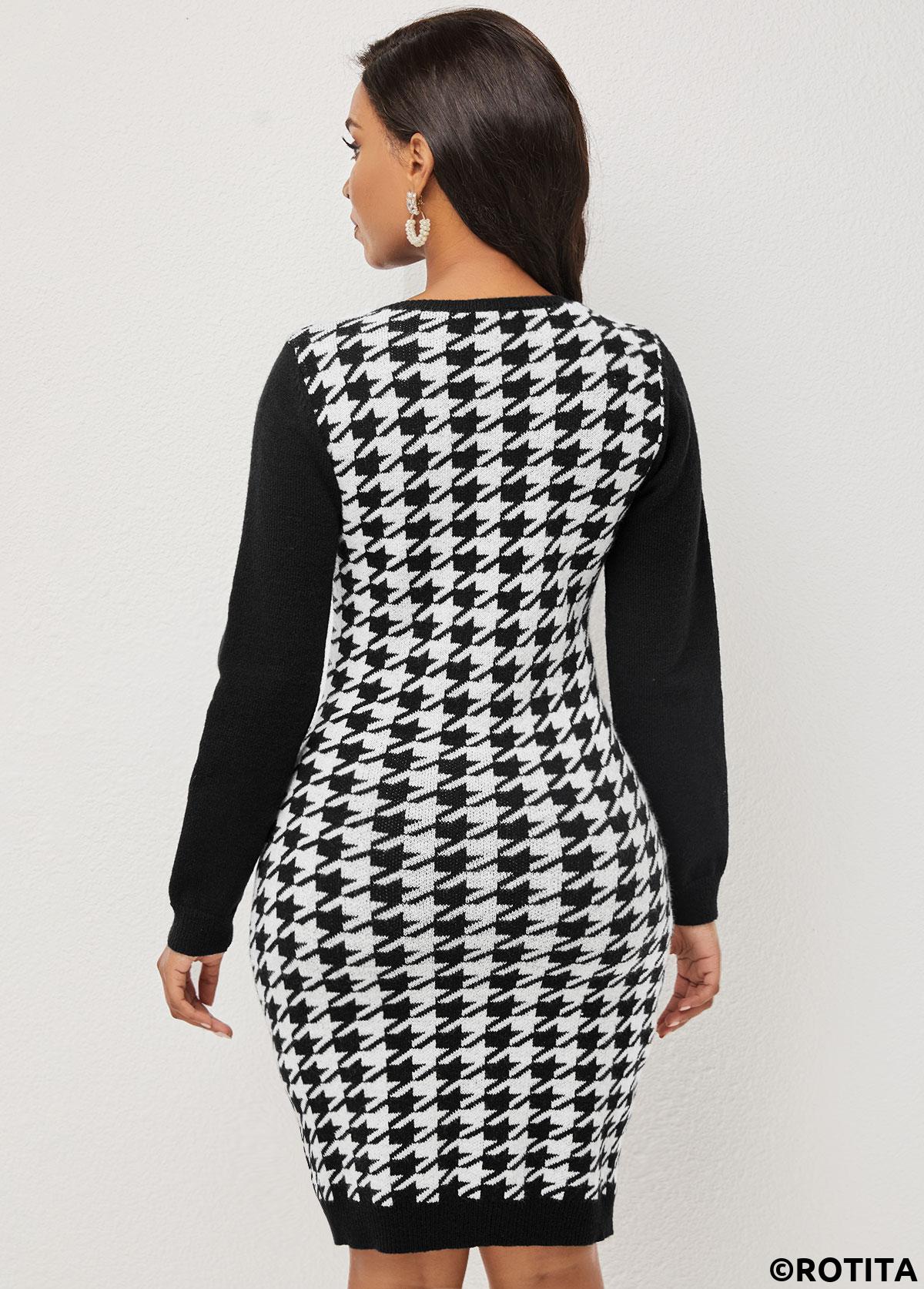Plaid dresses,Party dresses,Elegant dresses,ROTITA Color Block Long Sleeve Houndstooth Print Sweater Dress