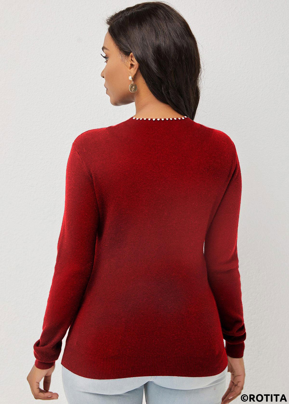 Wine Red tops,Plain Color tops,ROTITA Pearl Detail Wine Red Keyhole Neckline Sweater
