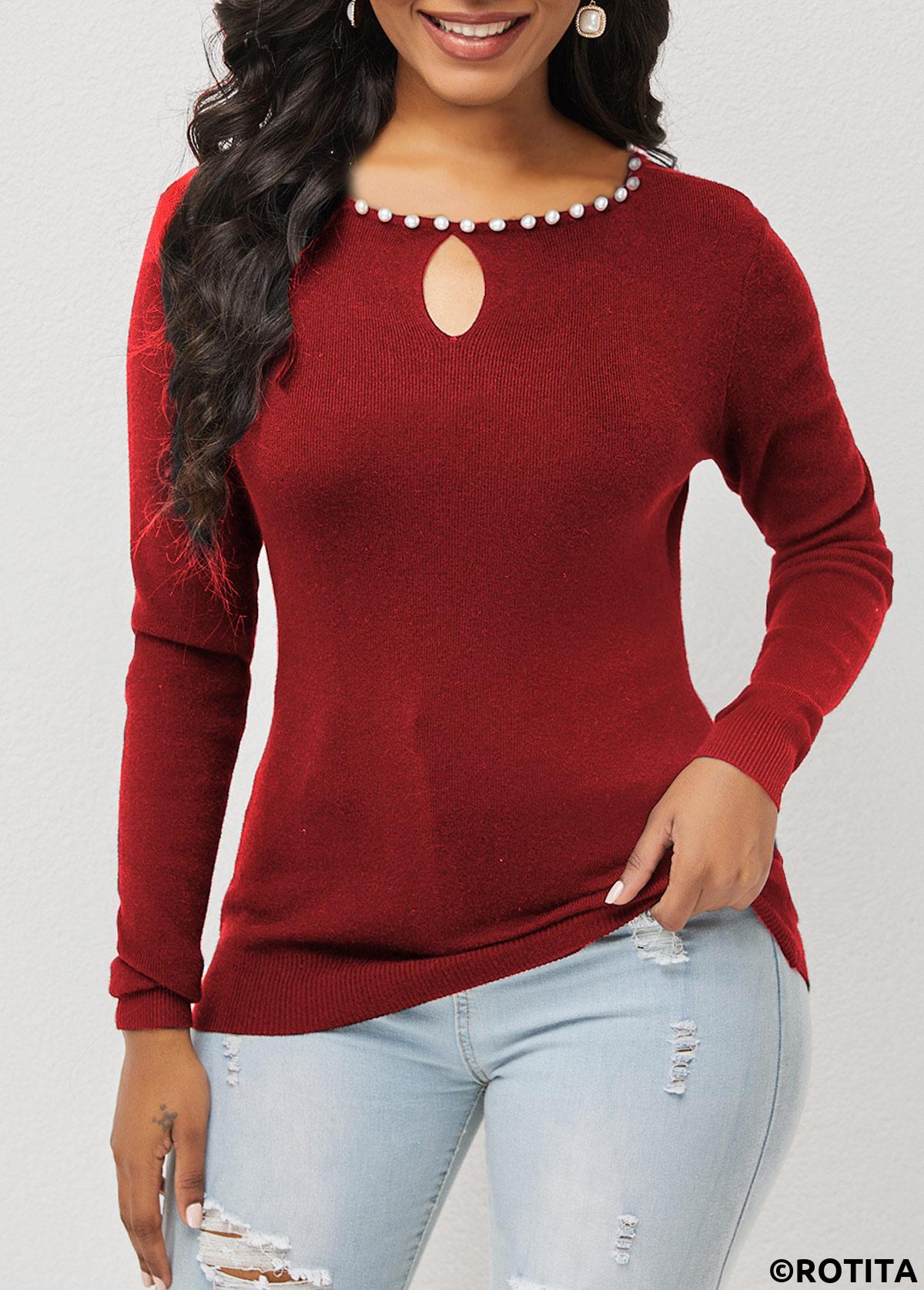Wine Red tops,Plain Color tops,ROTITA Pearl Detail Wine Red Keyhole Neckline Sweater
