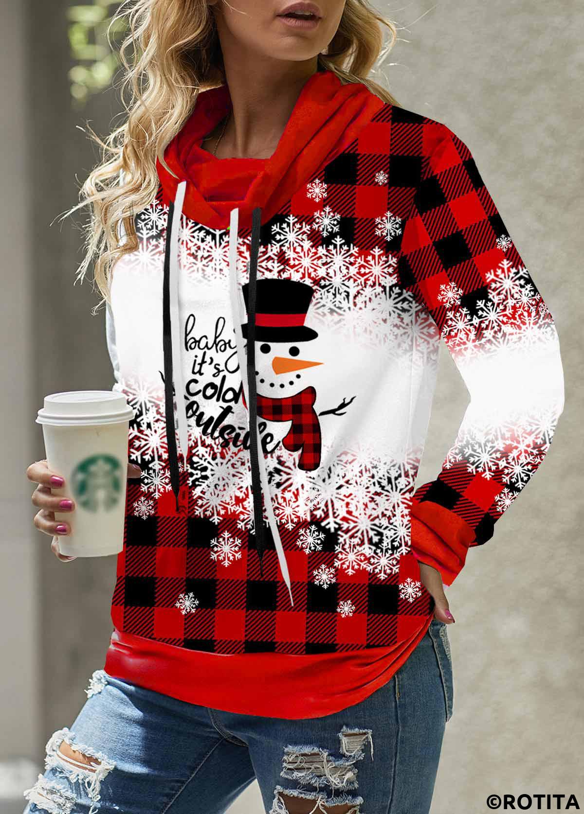 Red plus size,Christmas plus size,ROTITA Plus Size Drawstring Red Christmas Print Sweatshirt