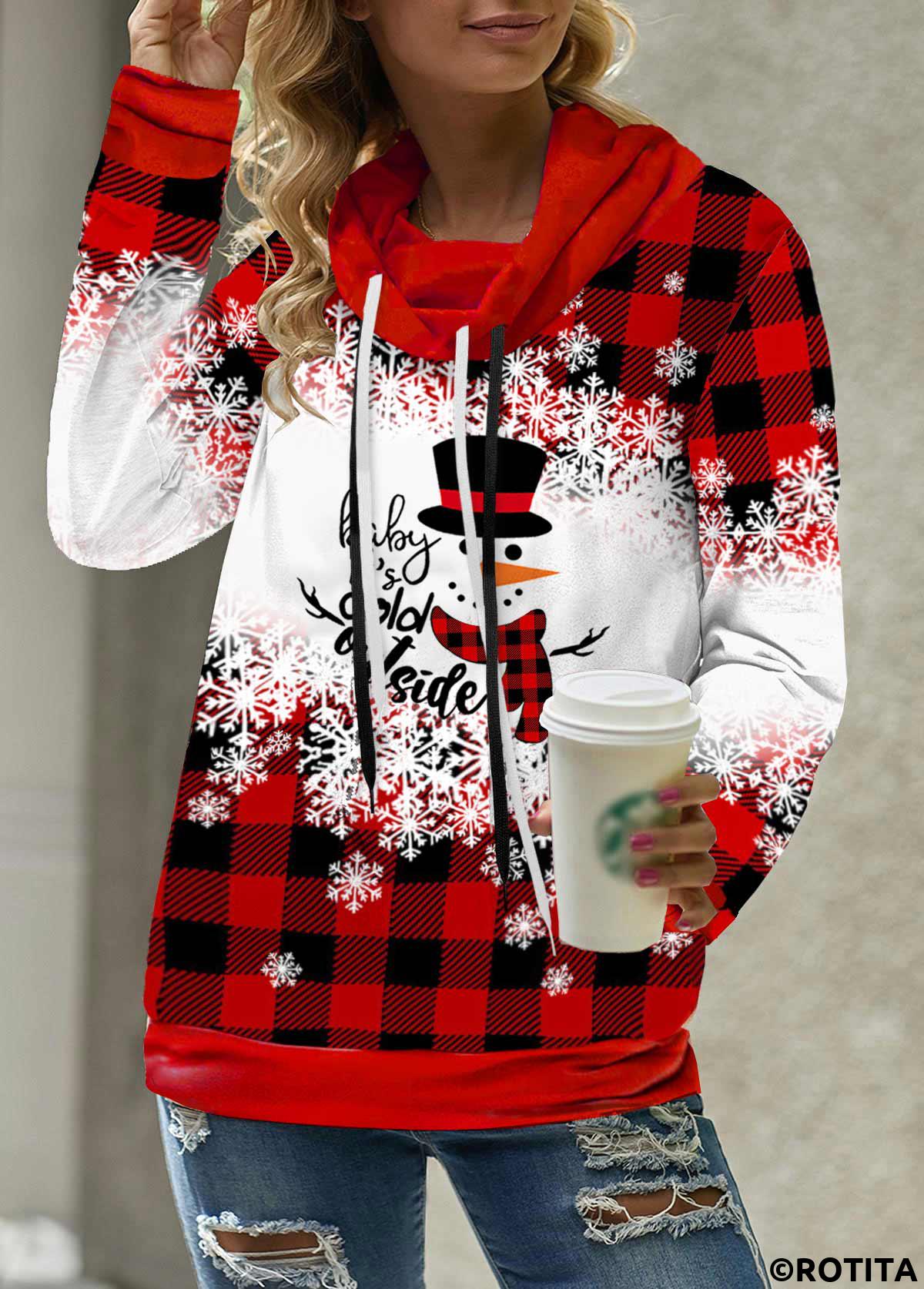 Red plus size,Christmas plus size,ROTITA Plus Size Drawstring Red Christmas Print Sweatshirt