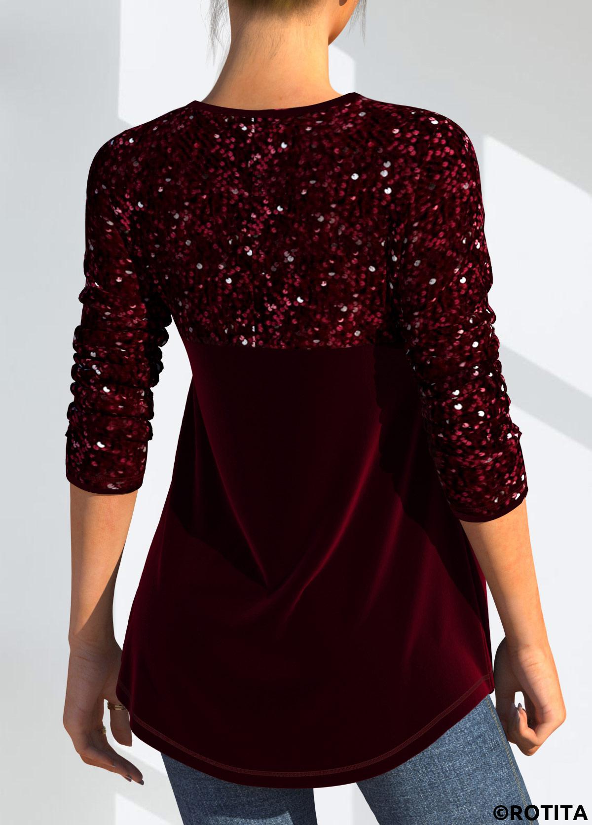 Wine Red tops,Plain Color tops,ROTITA Cut Out Wine Red Round Neck Long Sleeve Blouse