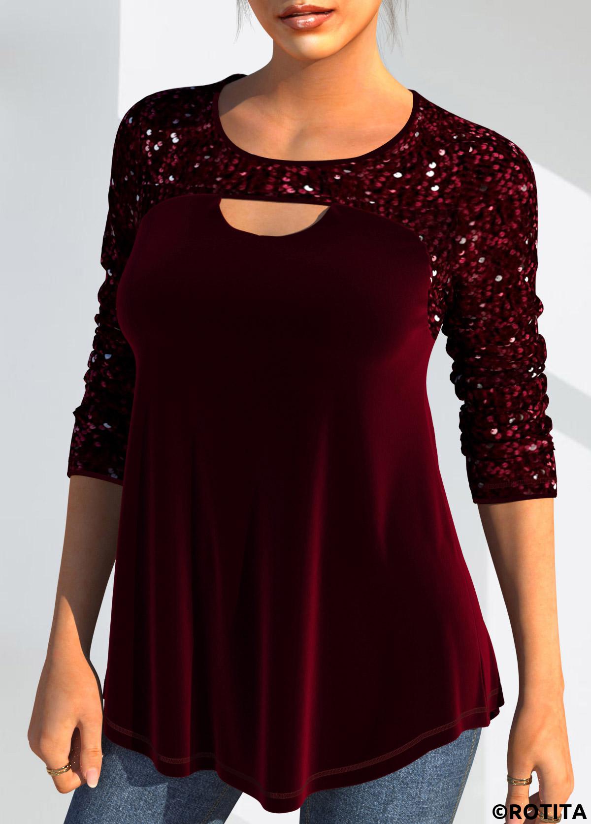 Wine Red tops,Plain Color tops,ROTITA Cut Out Wine Red Round Neck Long Sleeve Blouse