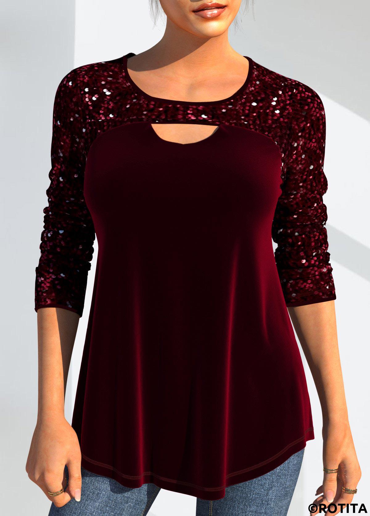 Wine Red tops,Plain Color tops,ROTITA Cut Out Wine Red Round Neck Long Sleeve Blouse