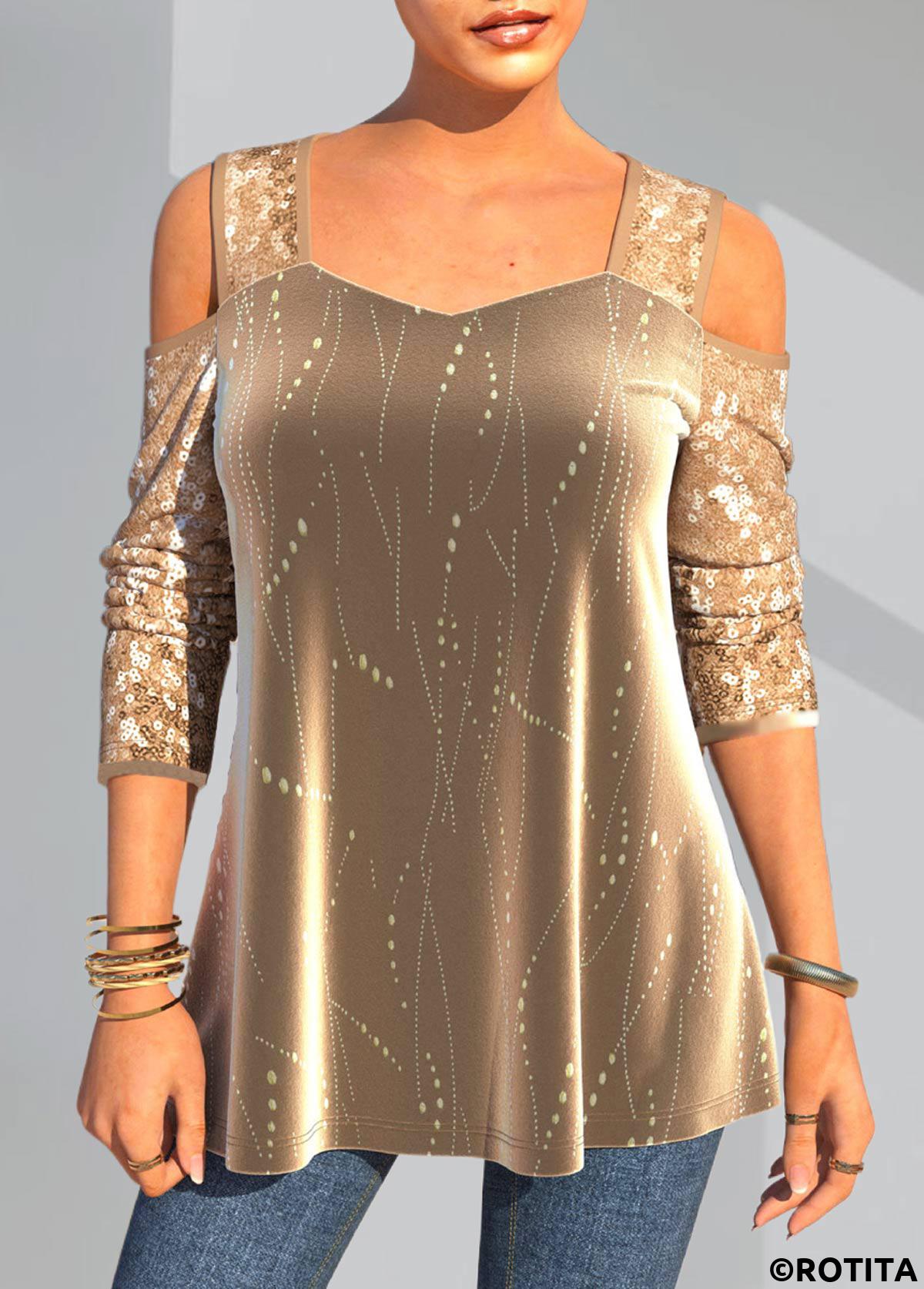 Gold tops,Plain Color tops,ROTITA Christmas Design Sequin Gold Cold Shoulder T Shirt