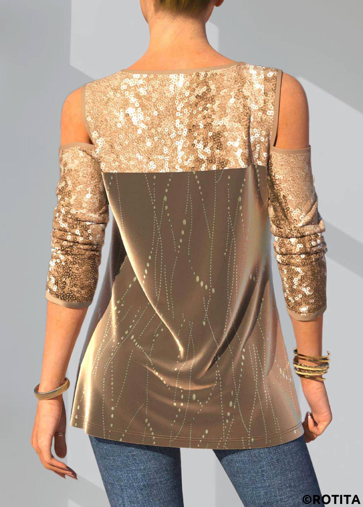 Gold tops,Plain Color tops,ROTITA Christmas Design Sequin Gold Cold Shoulder T Shirt