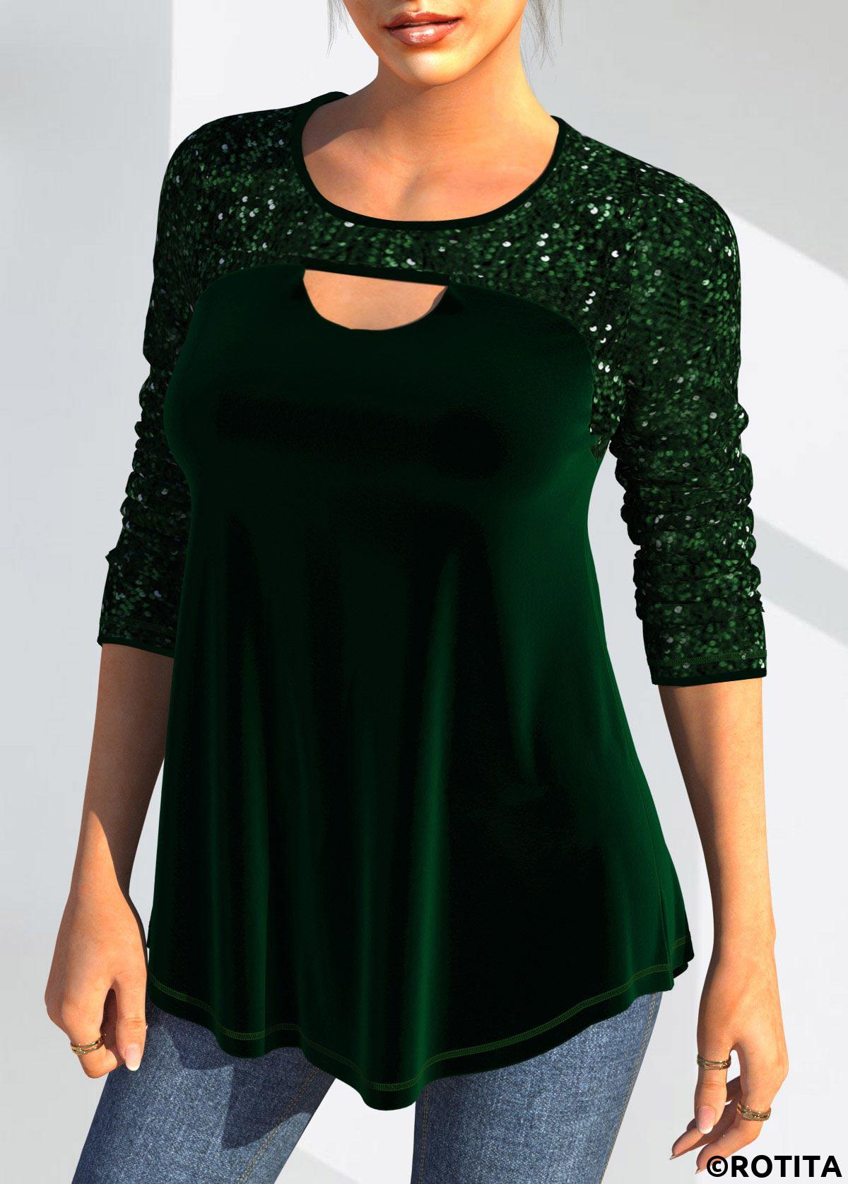 Green tops,Plain Color tops,ROTITA Cut Out Green Round Neck Long Sleeve Blouse