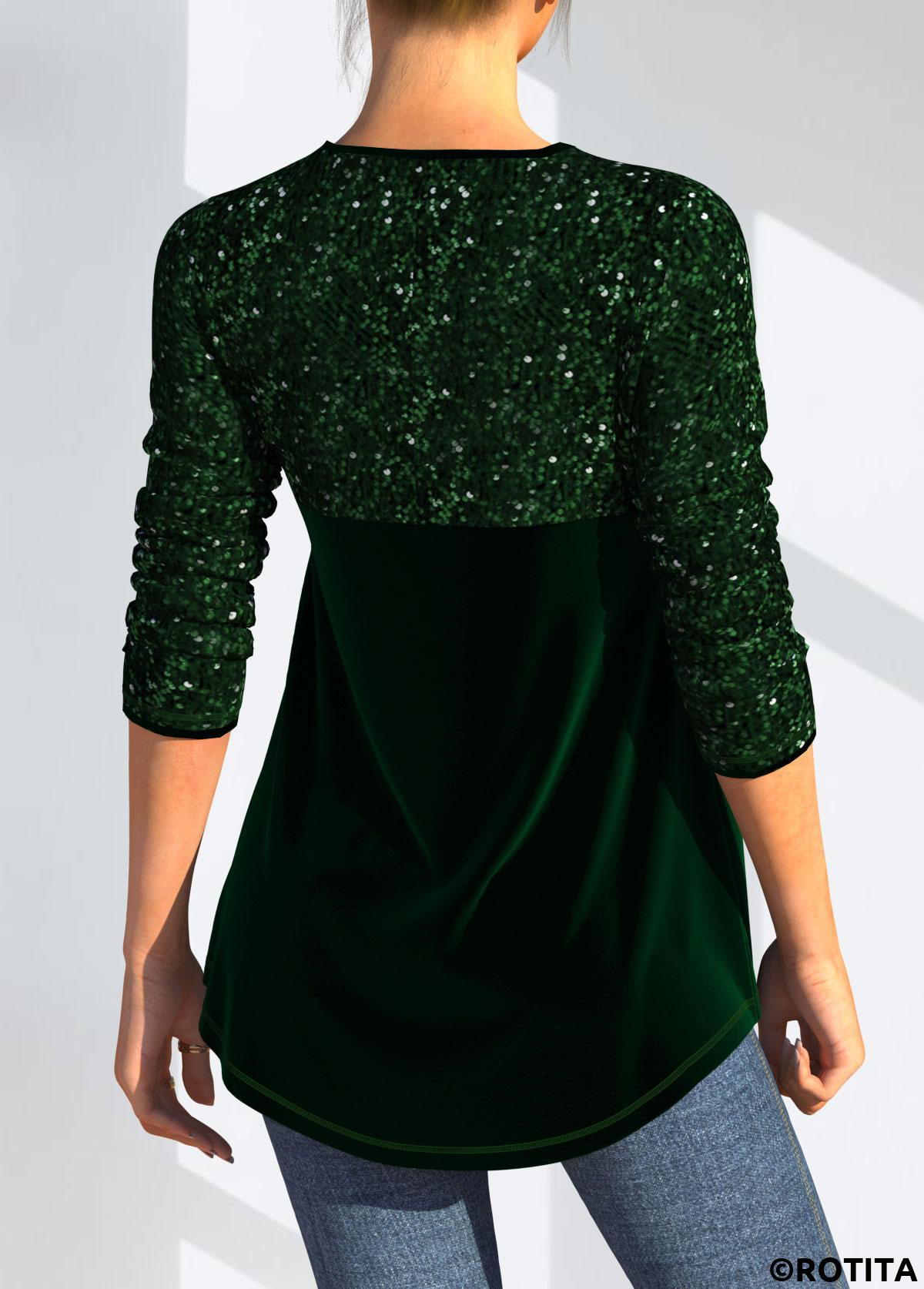 Green tops,Plain Color tops,ROTITA Cut Out Green Round Neck Long Sleeve Blouse