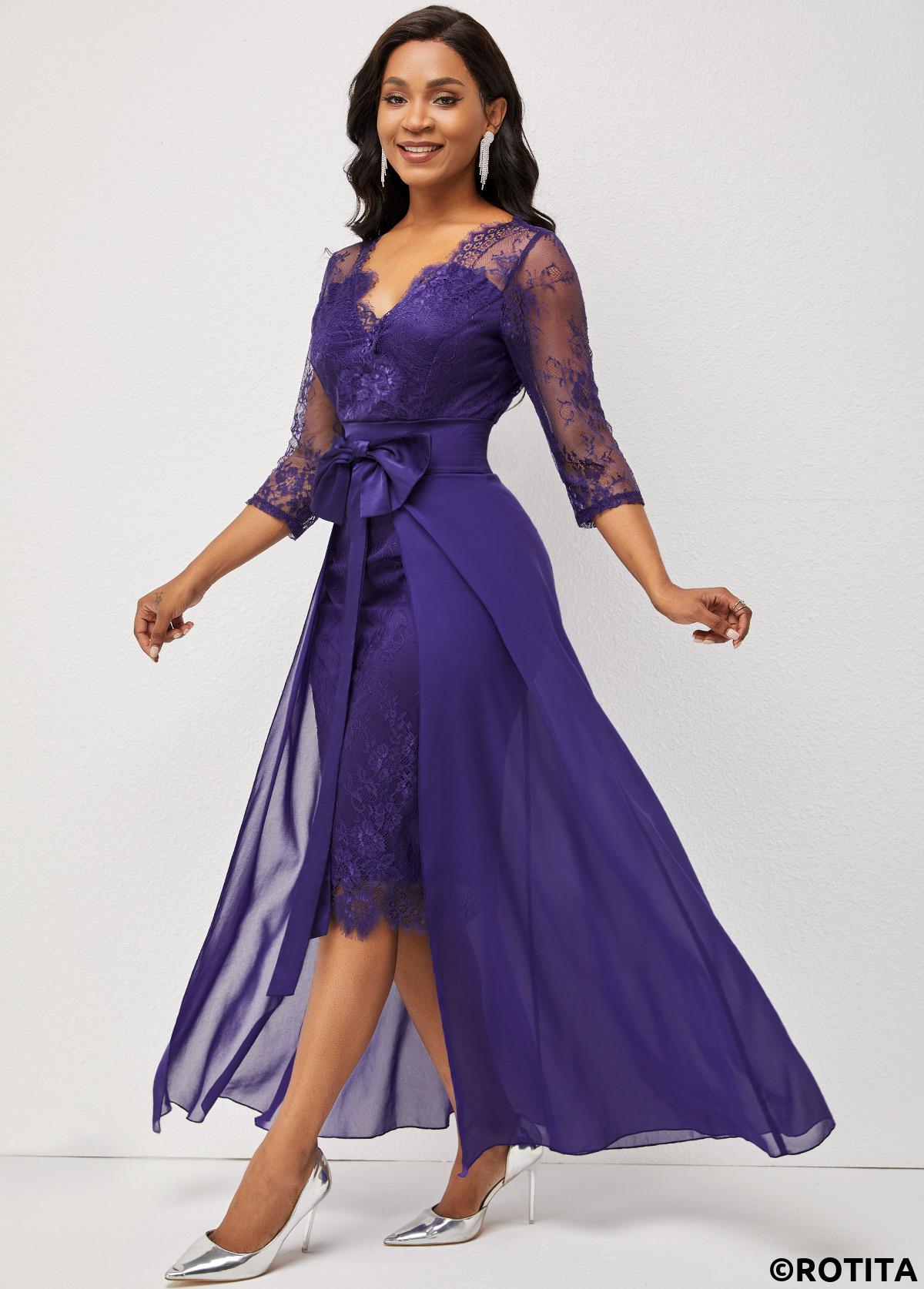 Purple dresses,Plain Color dresses,Party dresses,Elegant dresses,ROTITA Purple 3/4 Sleeve Multiway Lace Patchwork Dress