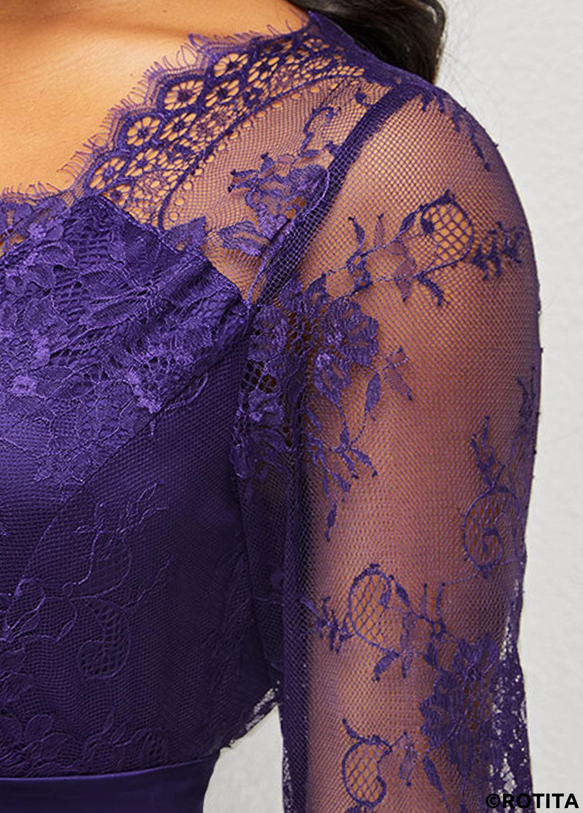 Purple dresses,Plain Color dresses,Party dresses,Elegant dresses,ROTITA Purple 3/4 Sleeve Multiway Lace Patchwork Dress