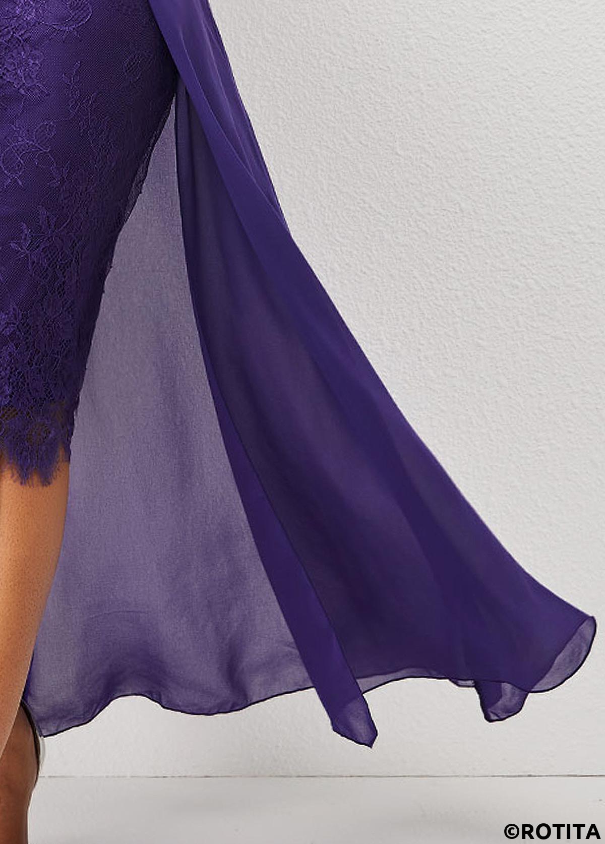 Purple dresses,Plain Color dresses,Party dresses,Elegant dresses,ROTITA Purple 3/4 Sleeve Multiway Lace Patchwork Dress